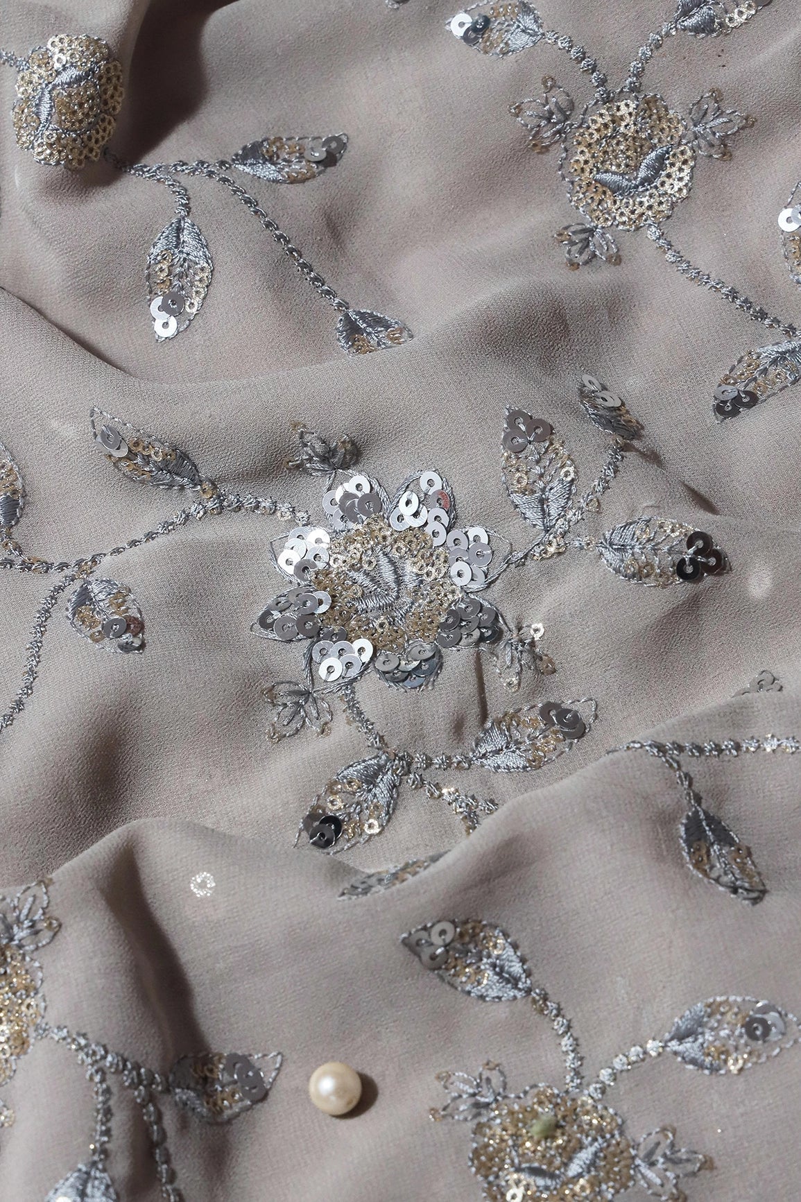 Gold And Silver Sequins Floral Embroidery Work On Grey Georgette Fabric - doeraa