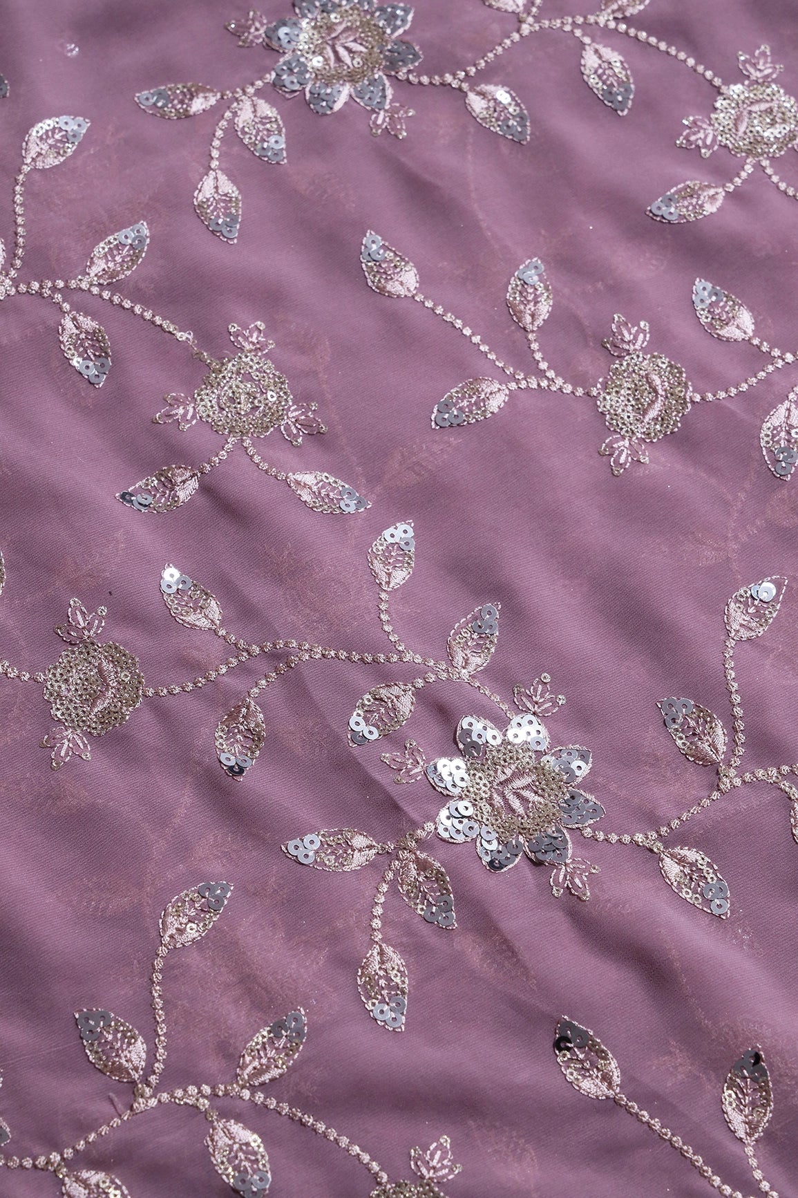 Gold And Silver Sequins Floral Embroidery Work On Lilac Purple Georgette Fabric - doeraa