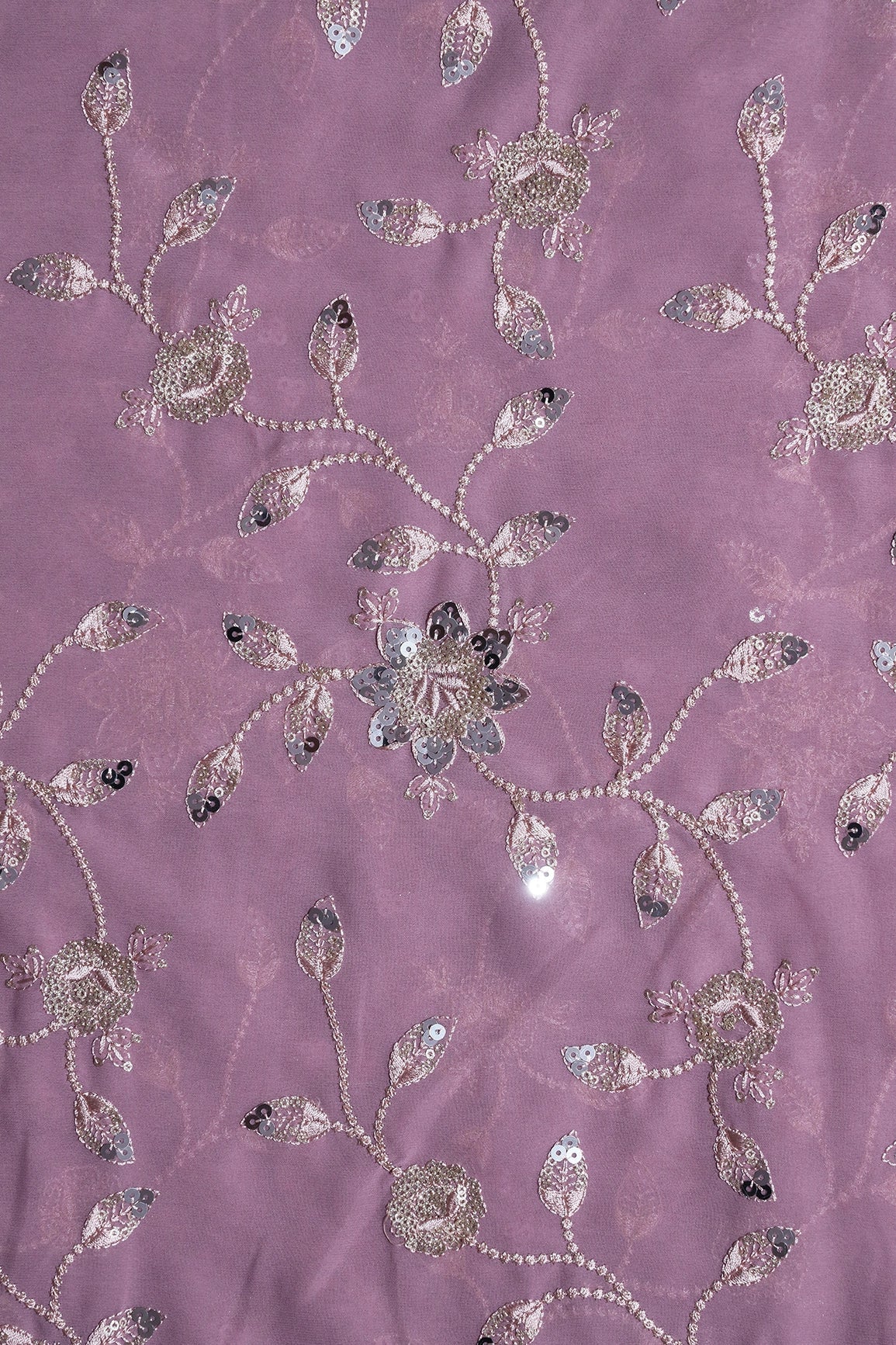 Gold And Silver Sequins Floral Embroidery Work On Lilac Purple Georgette Fabric - doeraa