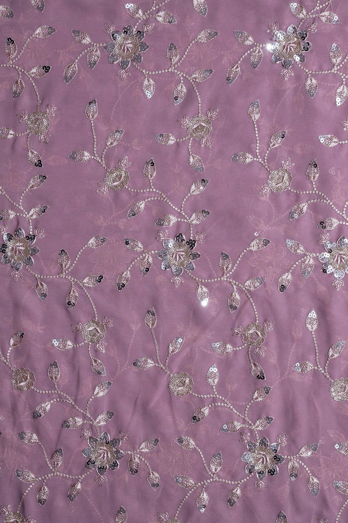 Gold And Silver Sequins Floral Embroidery Work On Lilac Purple Georgette Fabric - doeraa