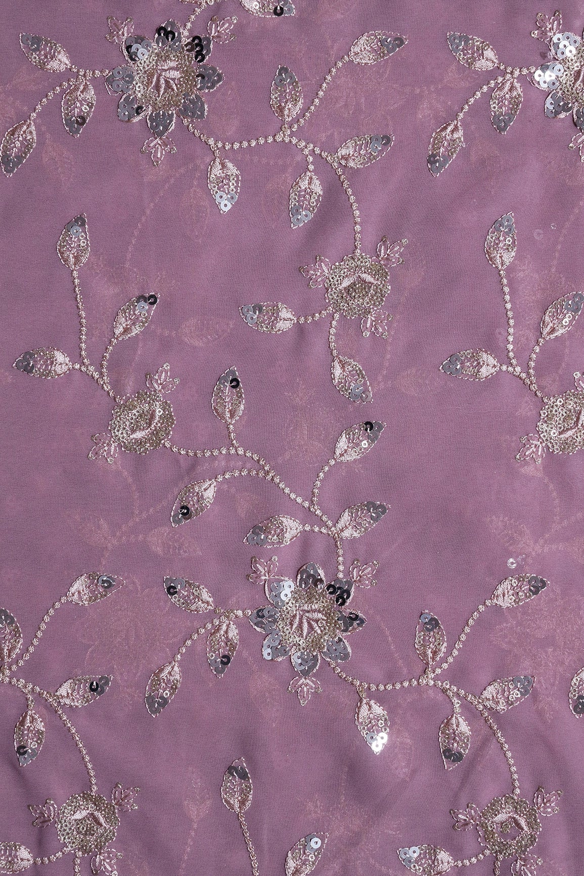 Gold And Silver Sequins Floral Embroidery Work On Lilac Purple Georgette Fabric - doeraa