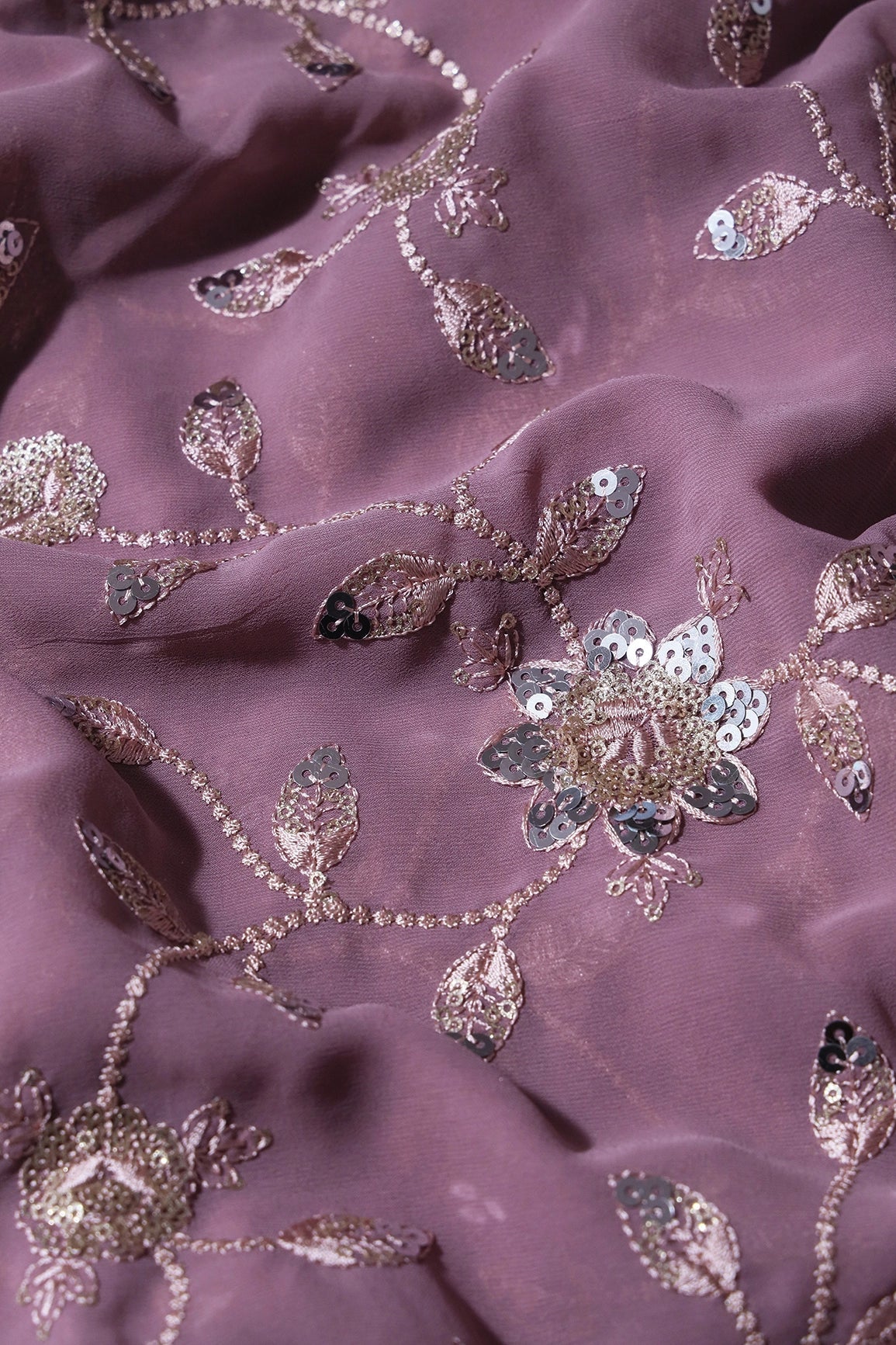 Gold And Silver Sequins Floral Embroidery Work On Lilac Purple Georgette Fabric - doeraa