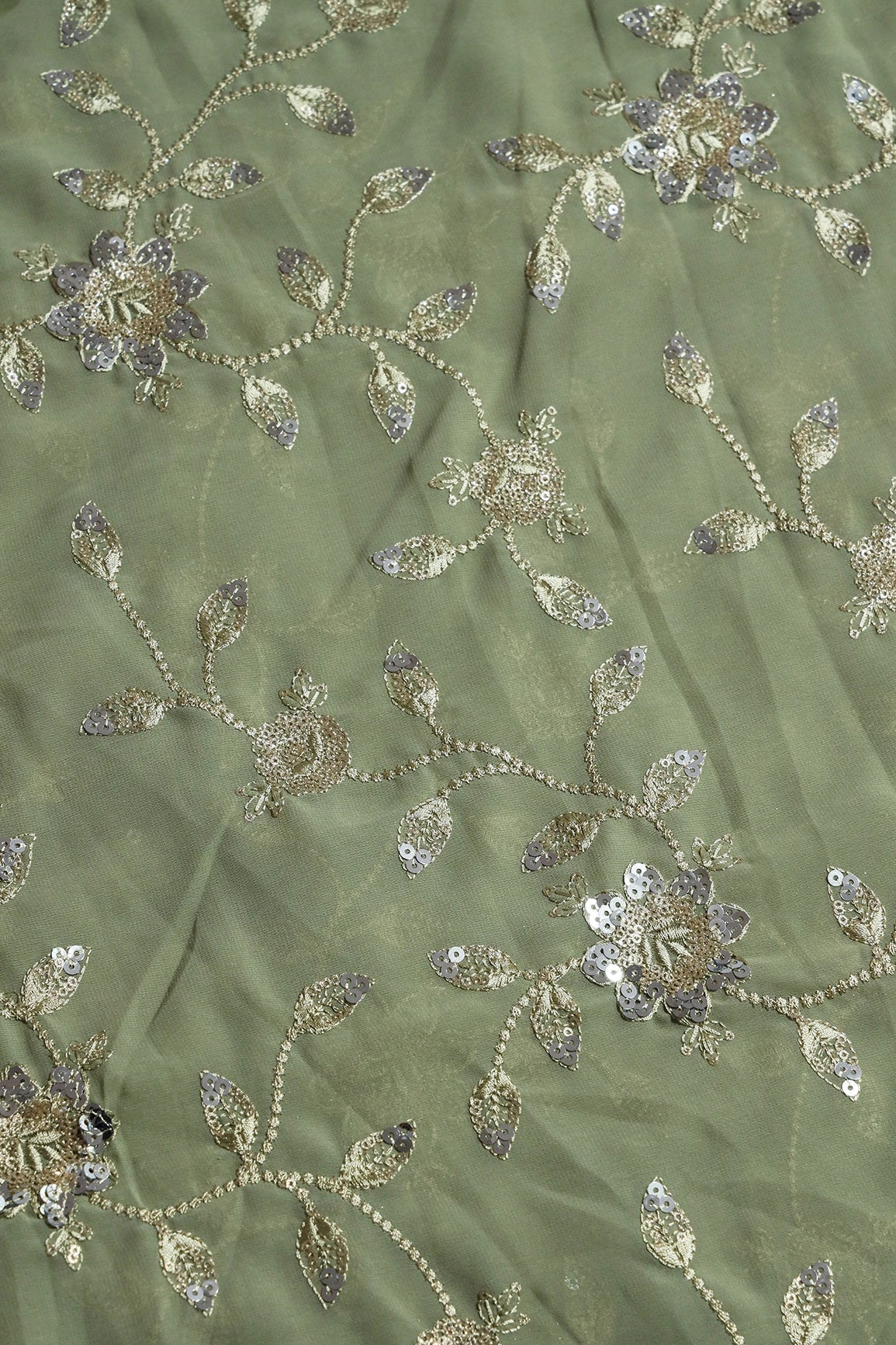 Gold And Silver Sequins Floral Embroidery Work On Olive Georgette Fabric - doeraa