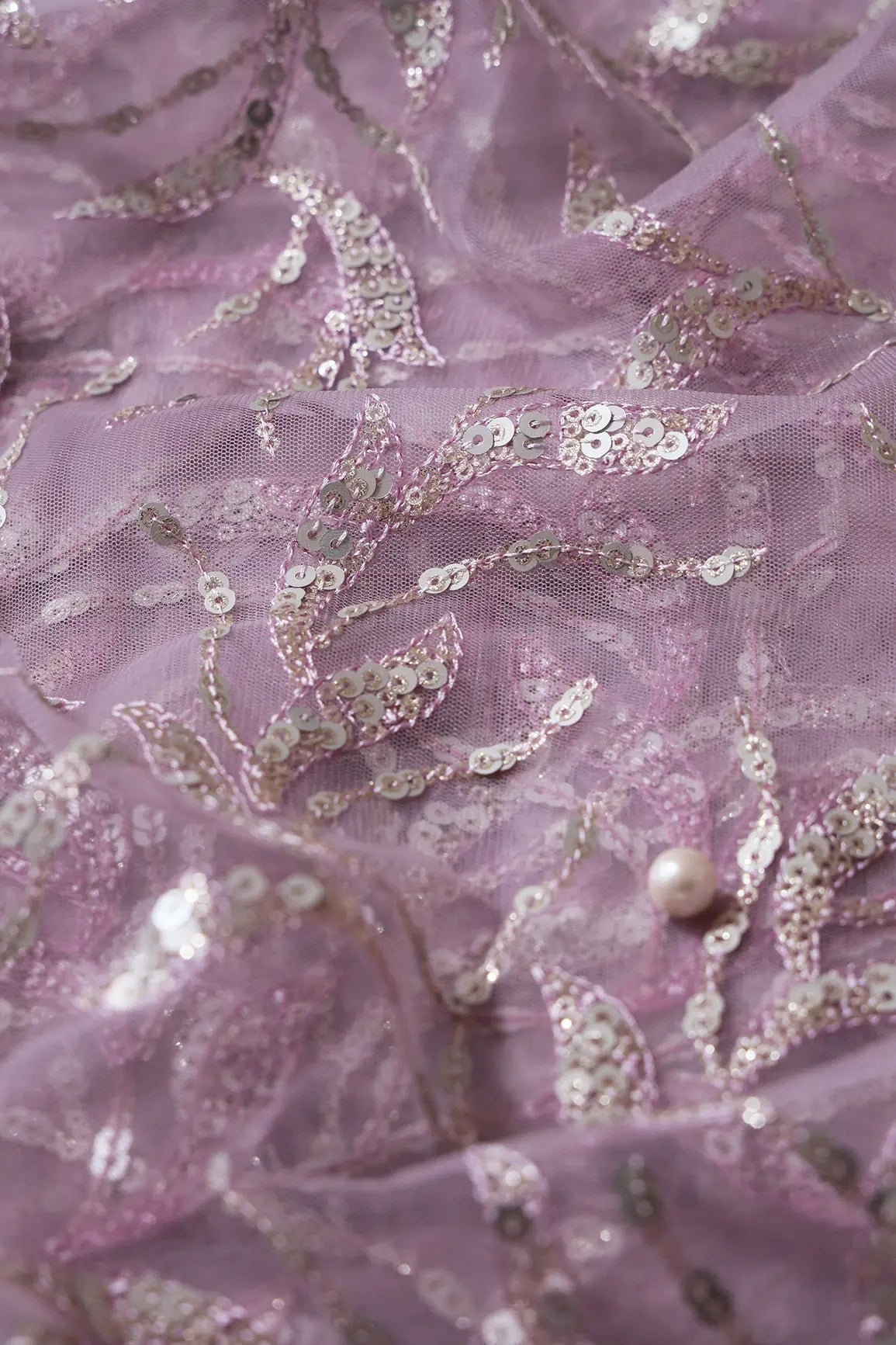 Gold And Silver Sequins Leafy Floral Embroidery On Mauve Soft Net Fabric - doeraa