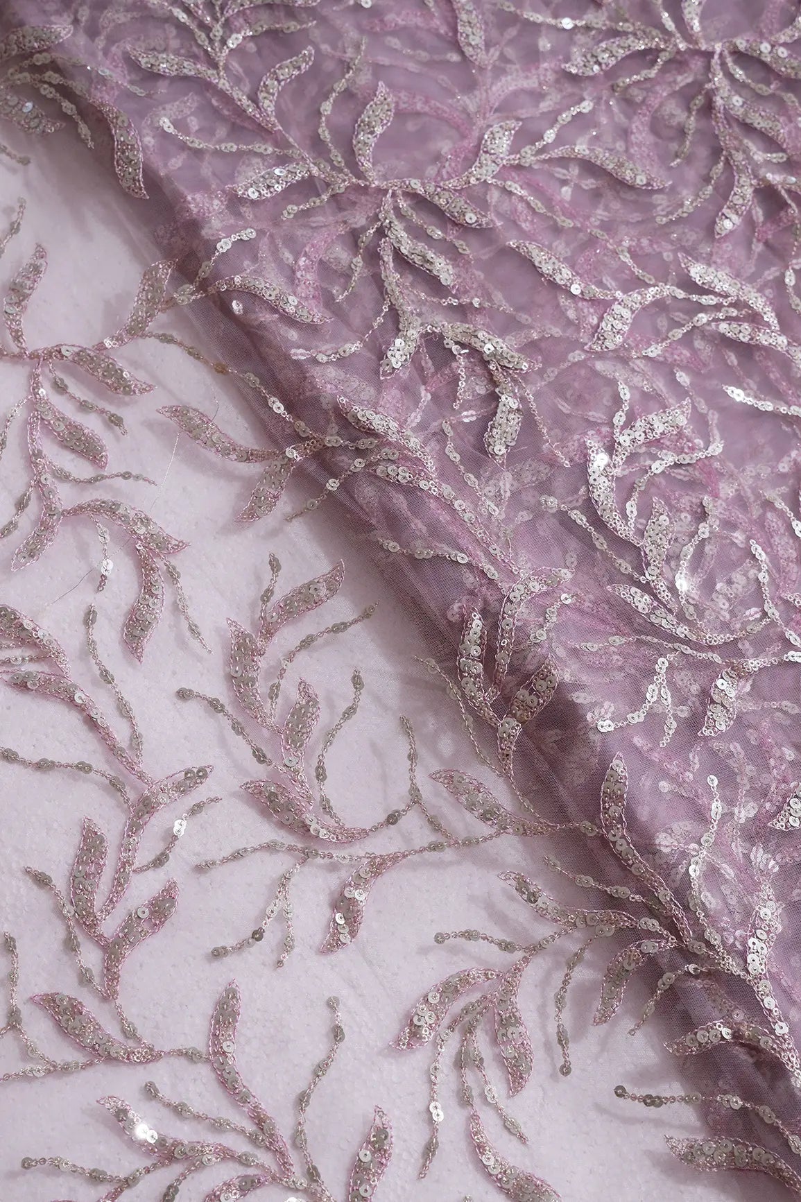 Gold And Silver Sequins Leafy Floral Embroidery On Mauve Soft Net Fabric - doeraa
