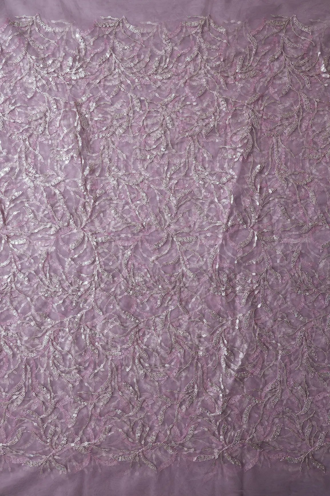 Gold And Silver Sequins Leafy Floral Embroidery On Mauve Soft Net Fabric - doeraa
