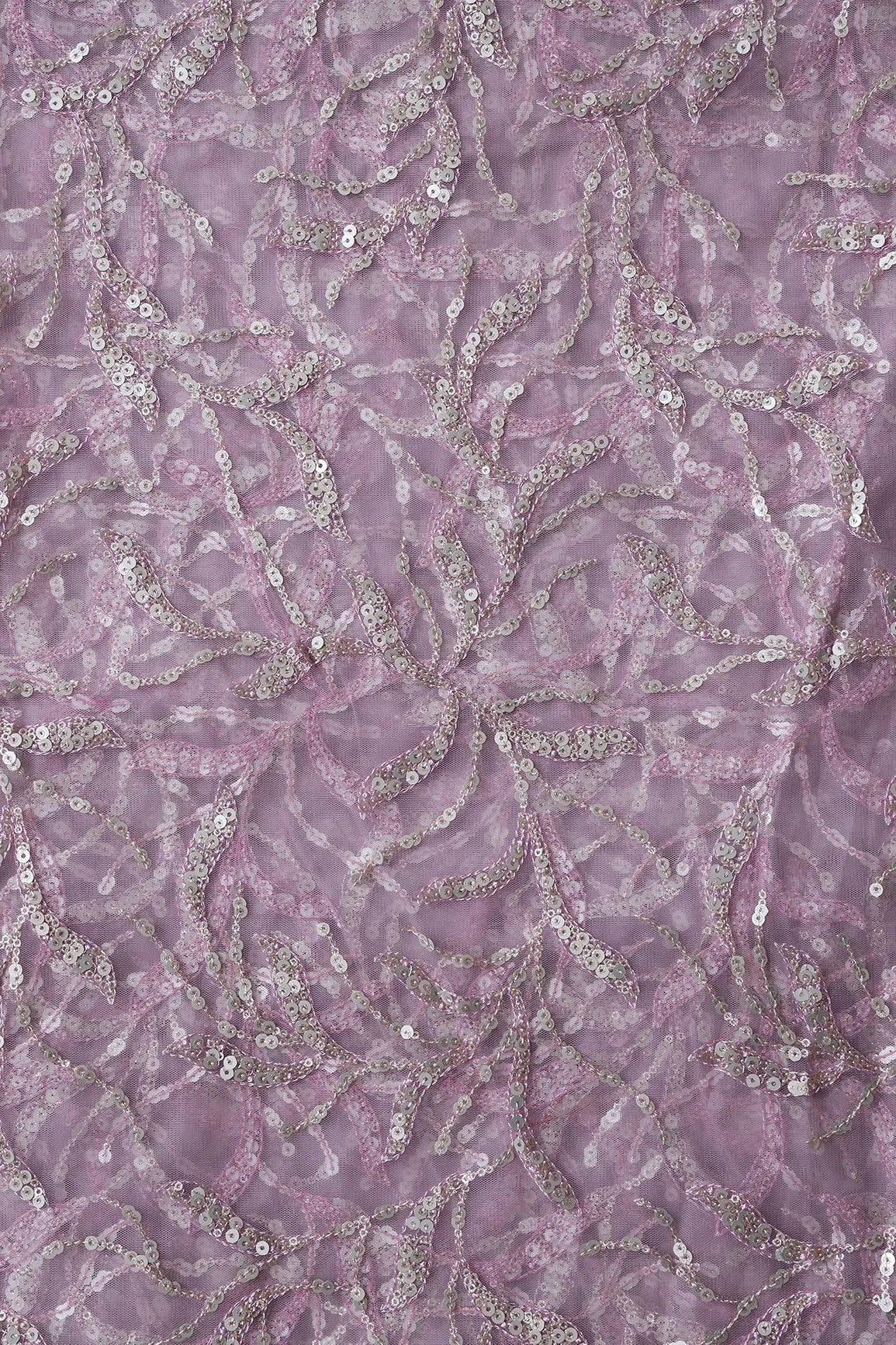 Gold And Silver Sequins Leafy Floral Embroidery On Mauve Soft Net Fabric - doeraa