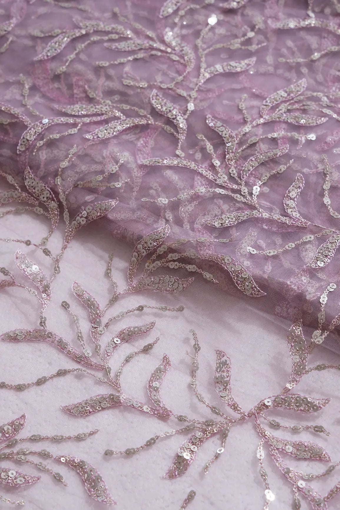 Gold And Silver Sequins Leafy Floral Embroidery On Mauve Soft Net Fabric - doeraa