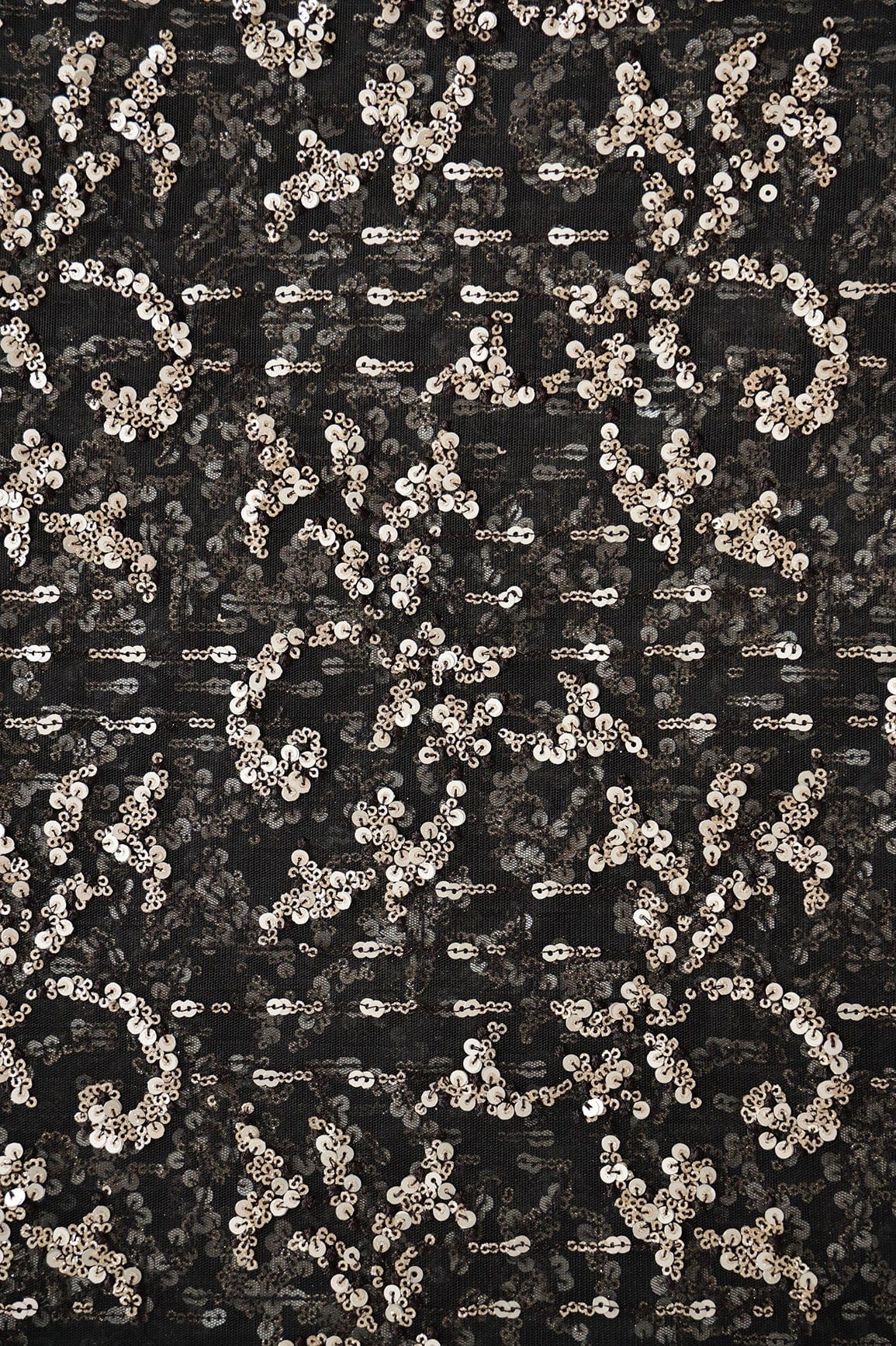 Gold And Silver Sequins With Black Thread Abstract Embroidery Work On Black Soft Net Fabric - doeraa