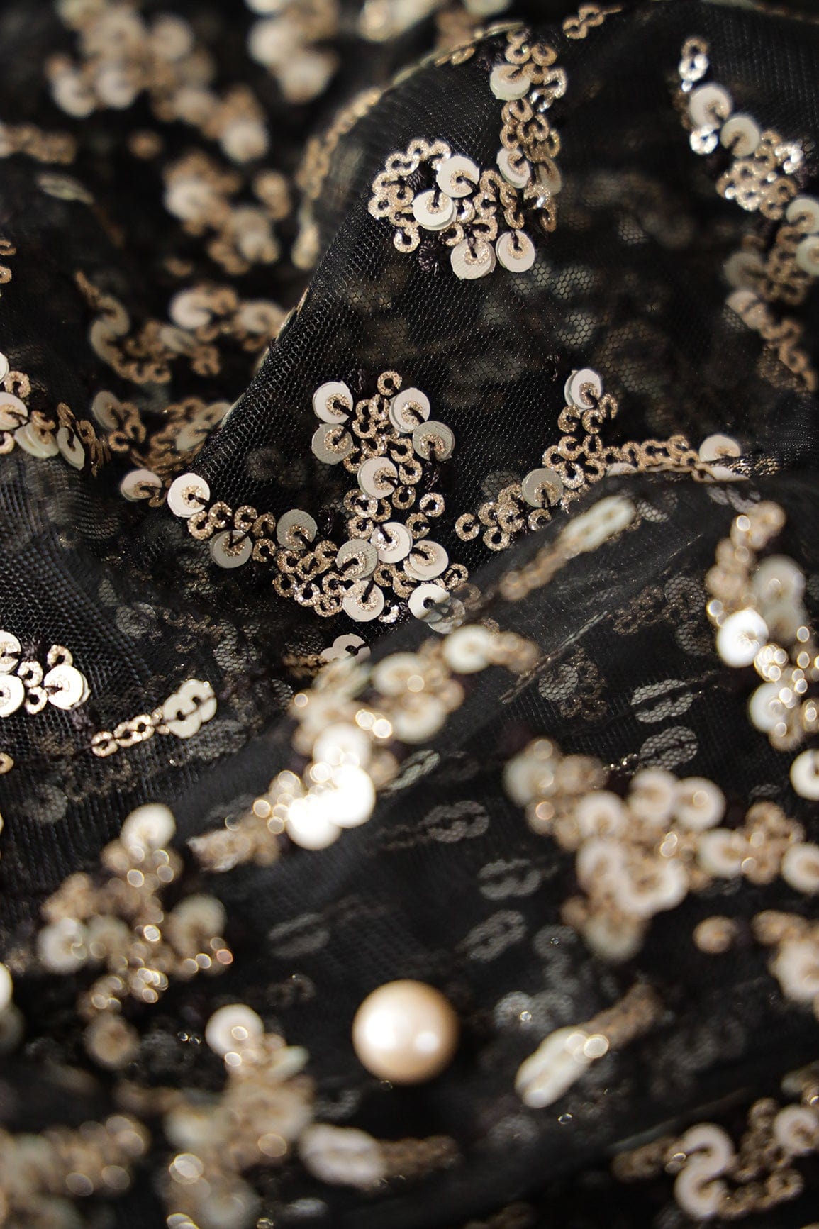 Gold And Silver Sequins With Black Thread Abstract Embroidery Work On Black Soft Net Fabric - doeraa