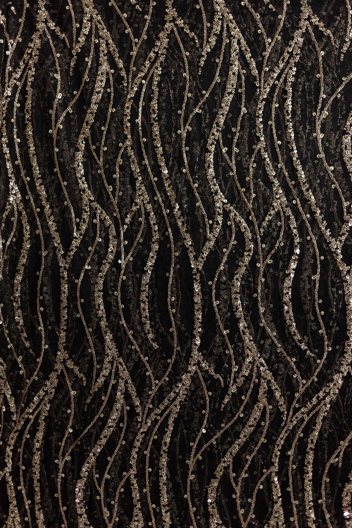 Gold And Silver Sequins With Black Thread Wavy Embroidery Work On Black Soft Net Fabric - doeraa