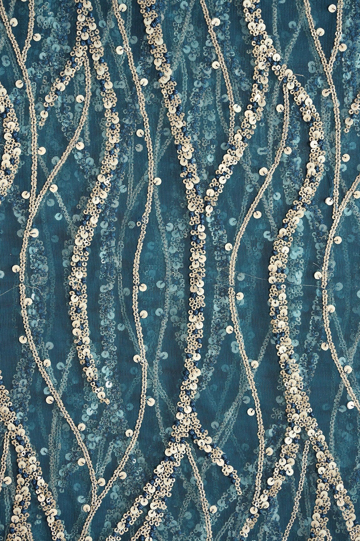 Gold And Silver Sequins With Blue Thread Wavy Embroidery Work On Rama Blue Soft Net Fabric - doeraa