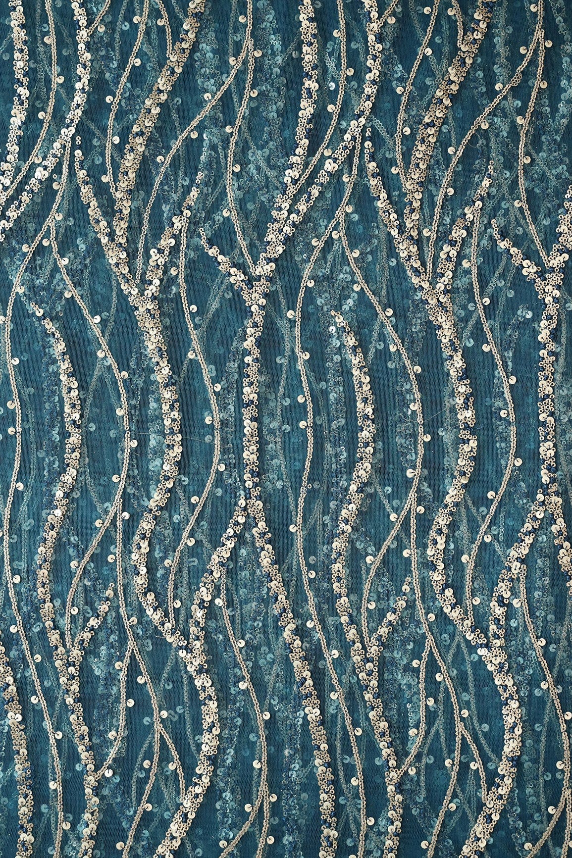 Gold And Silver Sequins With Blue Thread Wavy Embroidery Work On Rama Blue Soft Net Fabric - doeraa