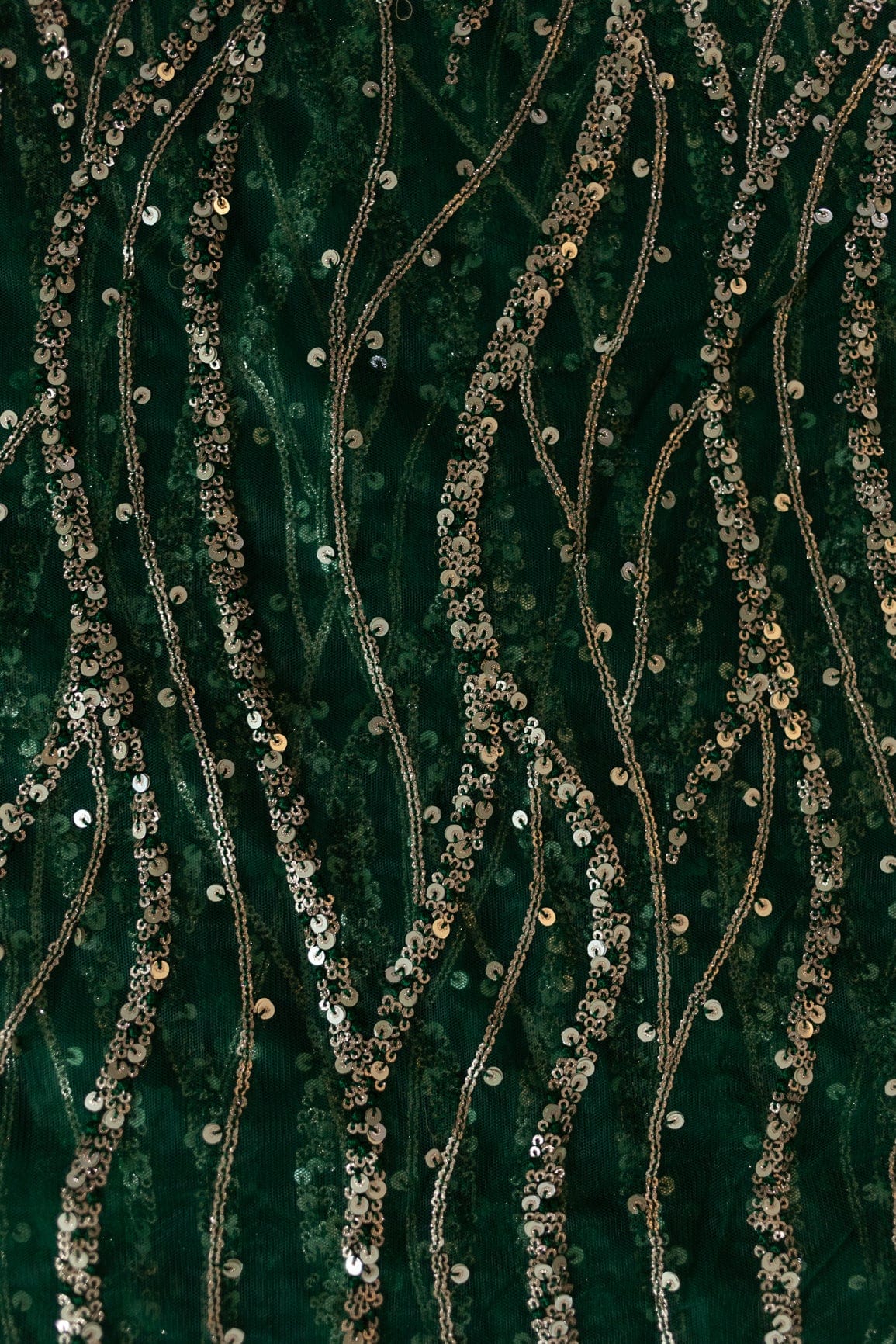 Gold And Silver Sequins With Bottle Green Thread Embroidery on Bottle Green Soft Net - doeraa