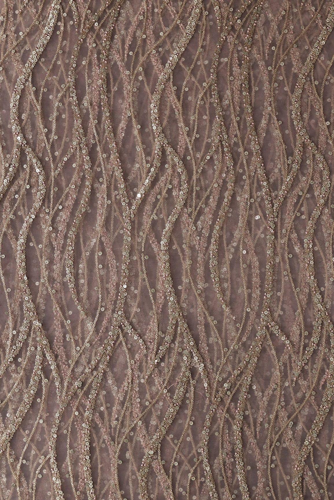 Gold And Silver Sequins With Mauve Thread Wavy Embroidery Work On Mauve Soft Net Fabric - doeraa