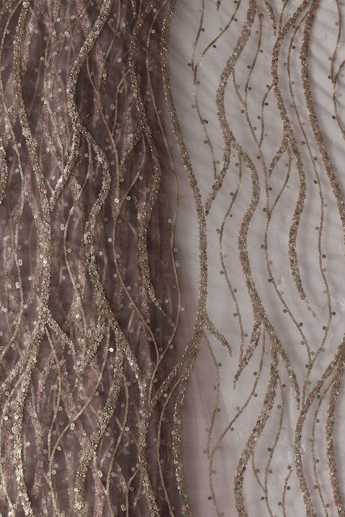 Gold And Silver Sequins With Mauve Thread Wavy Embroidery Work On Mauve Soft Net Fabric - doeraa