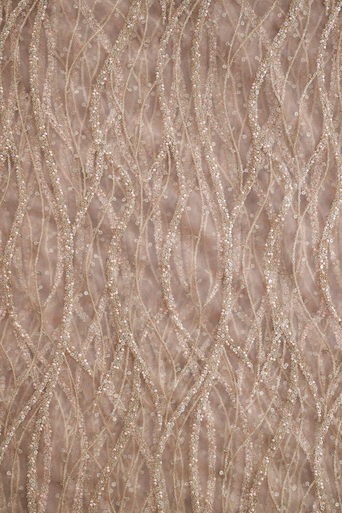 Gold And Silver Sequins With Peach Thread Embroidery on Peach Soft Net - doeraa