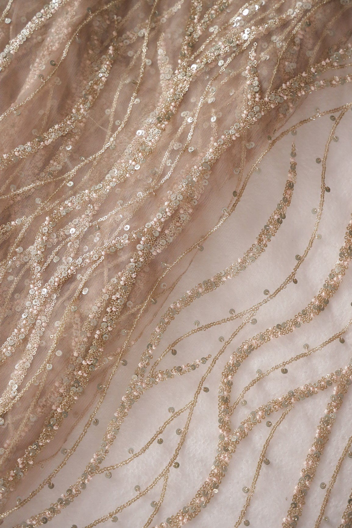 Gold And Silver Sequins With Peach Thread Embroidery on Peach Soft Net - doeraa