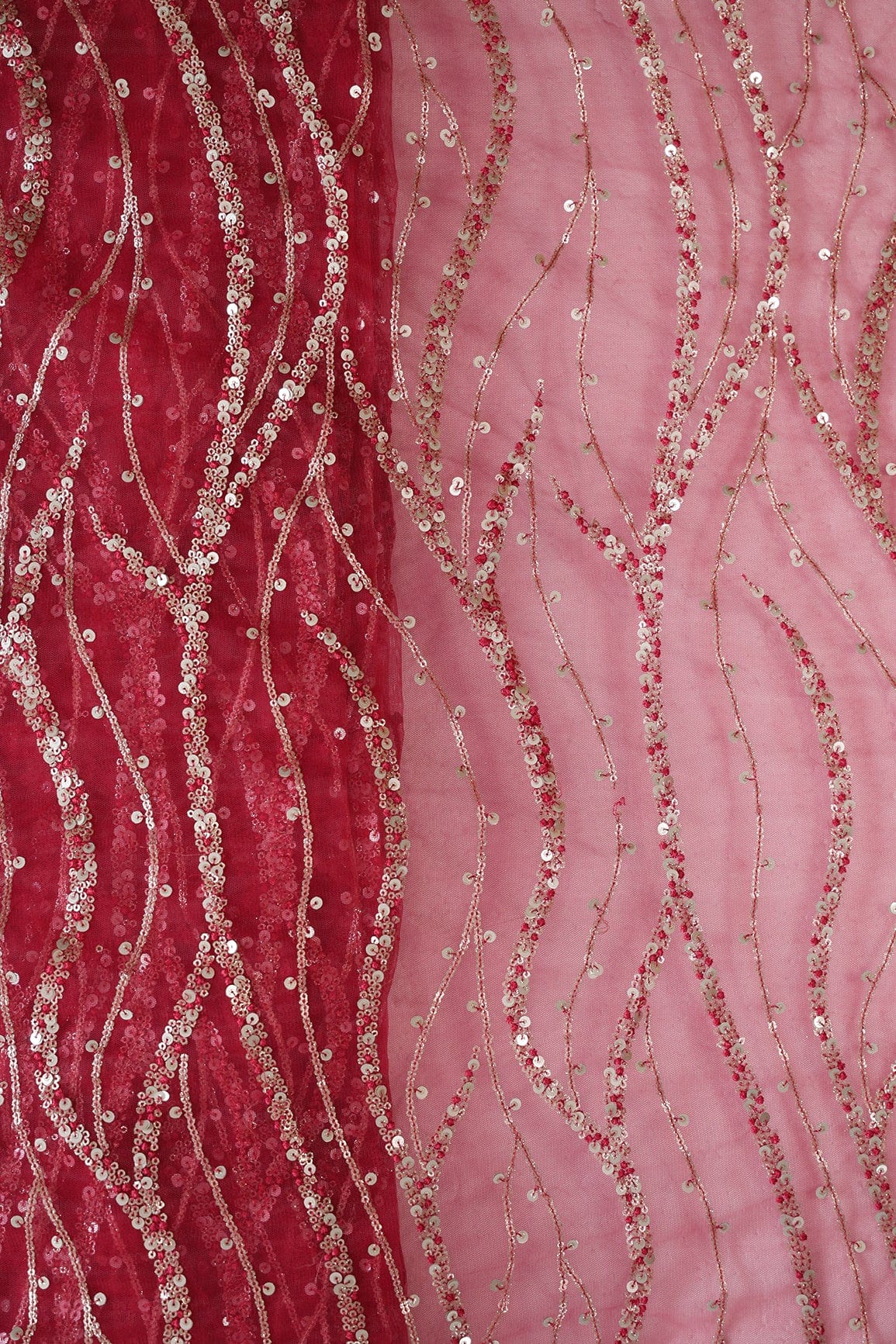 Gold And Silver Sequins With Red Thread Wavy Embroidery Work On Cherry Red Soft Net Fabric - doeraa