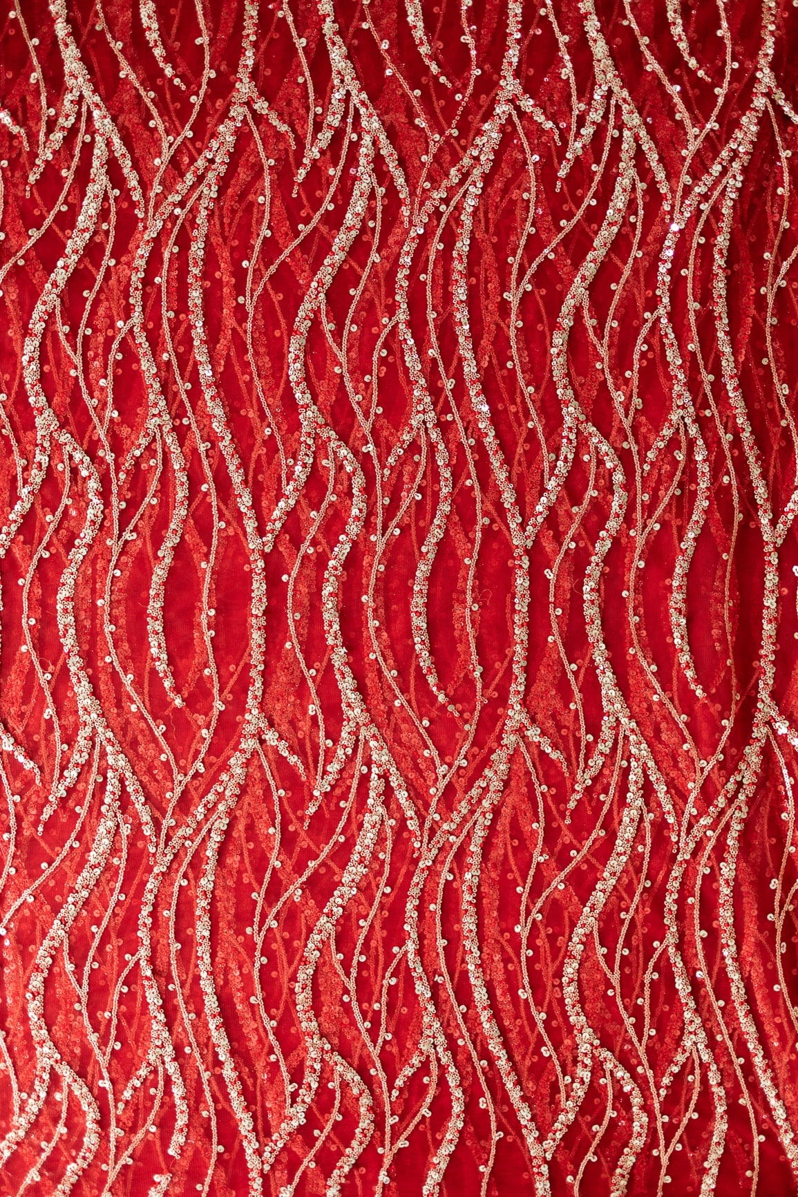 Gold And Silver Sequins With Red Thread Wavy Embroidery Work On Red Soft Net Fabric - doeraa