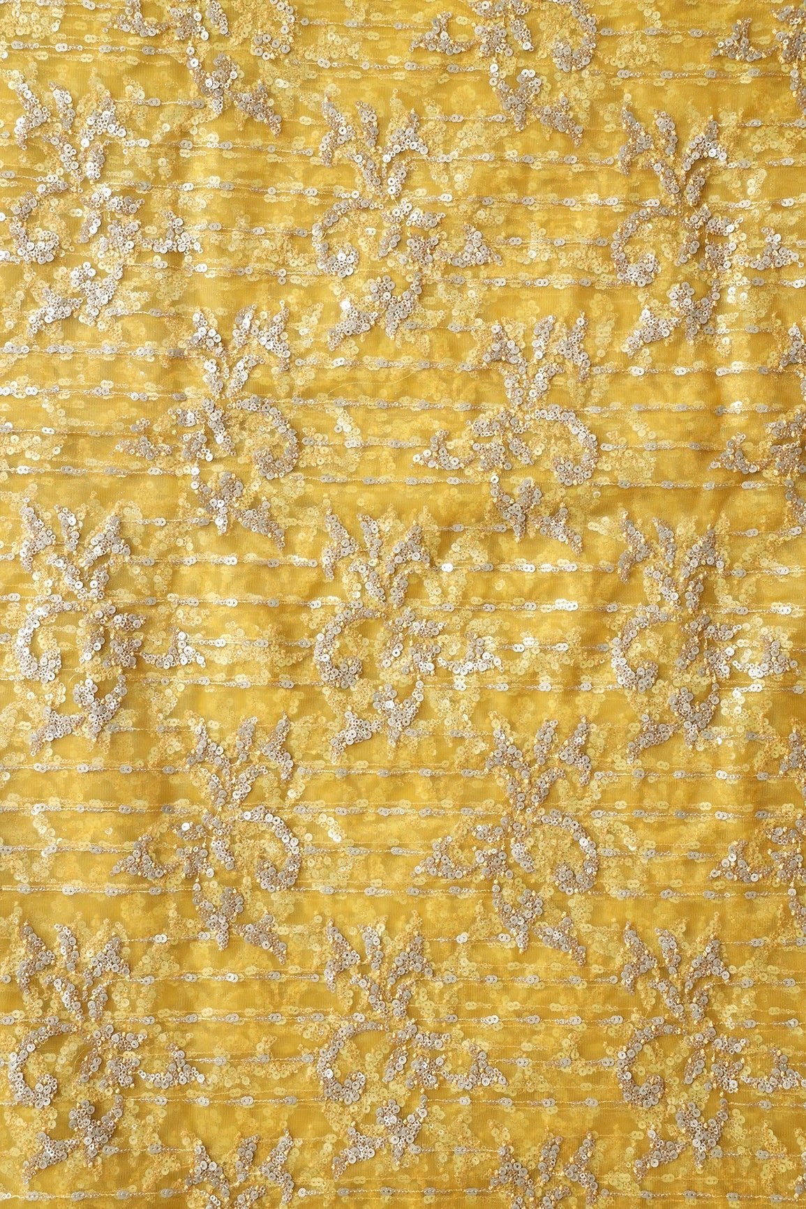 Gold And Silver Sequins With Yellow Thread Abstract Embroidery Work On Yellow Soft Net Fabric - doeraa