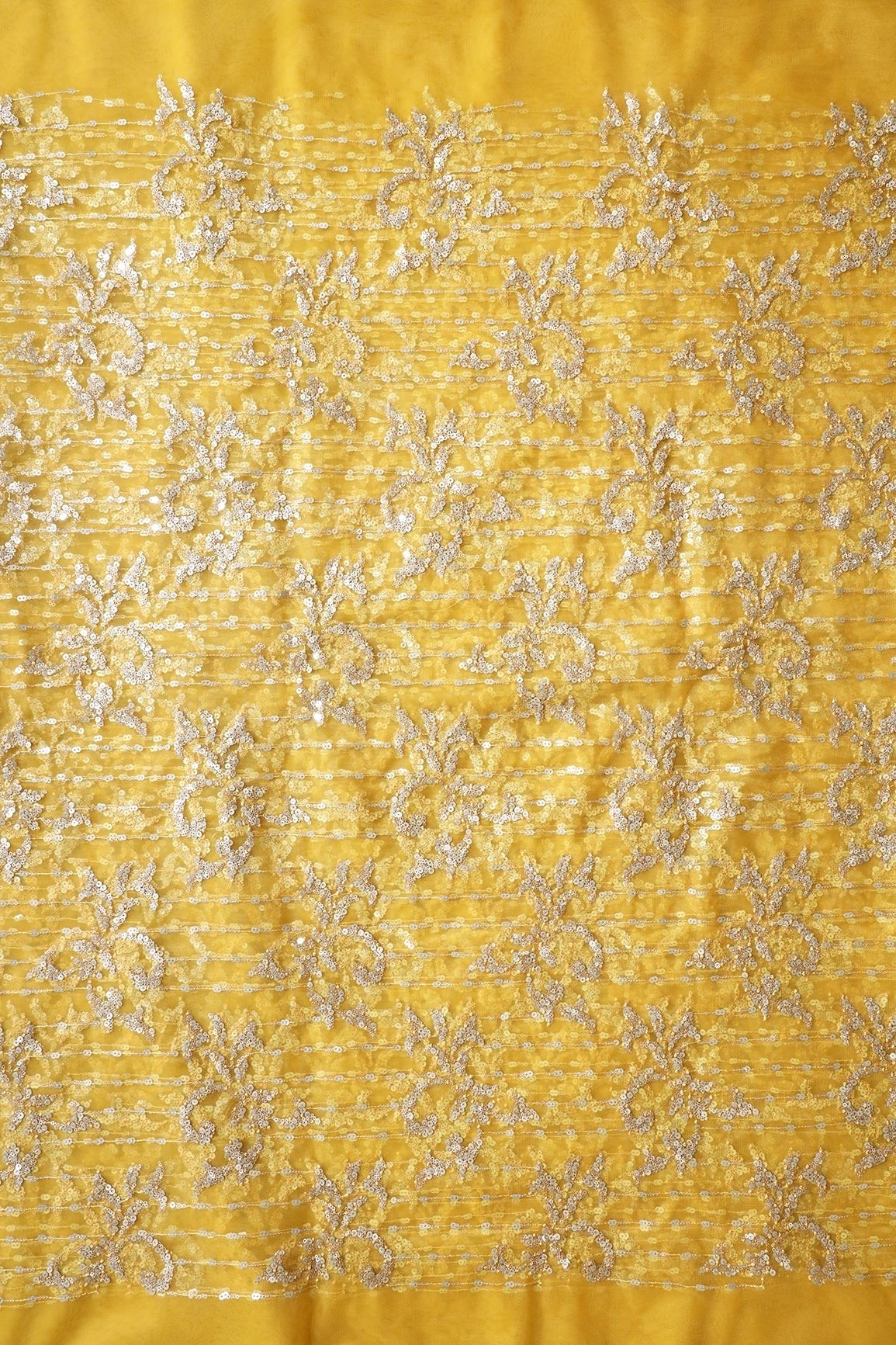 Gold And Silver Sequins With Yellow Thread Abstract Embroidery Work On Yellow Soft Net Fabric - doeraa