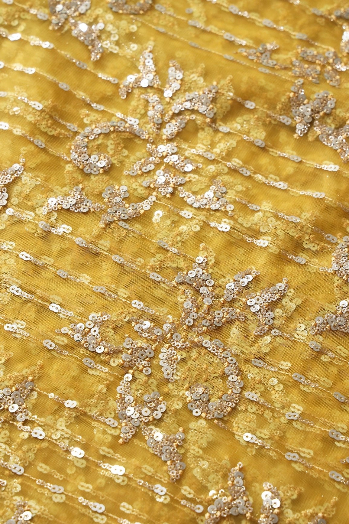 Gold And Silver Sequins With Yellow Thread Abstract Embroidery Work On Yellow Soft Net Fabric - doeraa