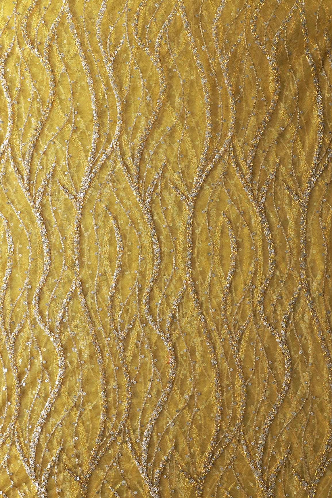 Gold And Silver Sequins With yellow Thread Wavy Embroidery Work On yellow Soft Net Fabric - doeraa