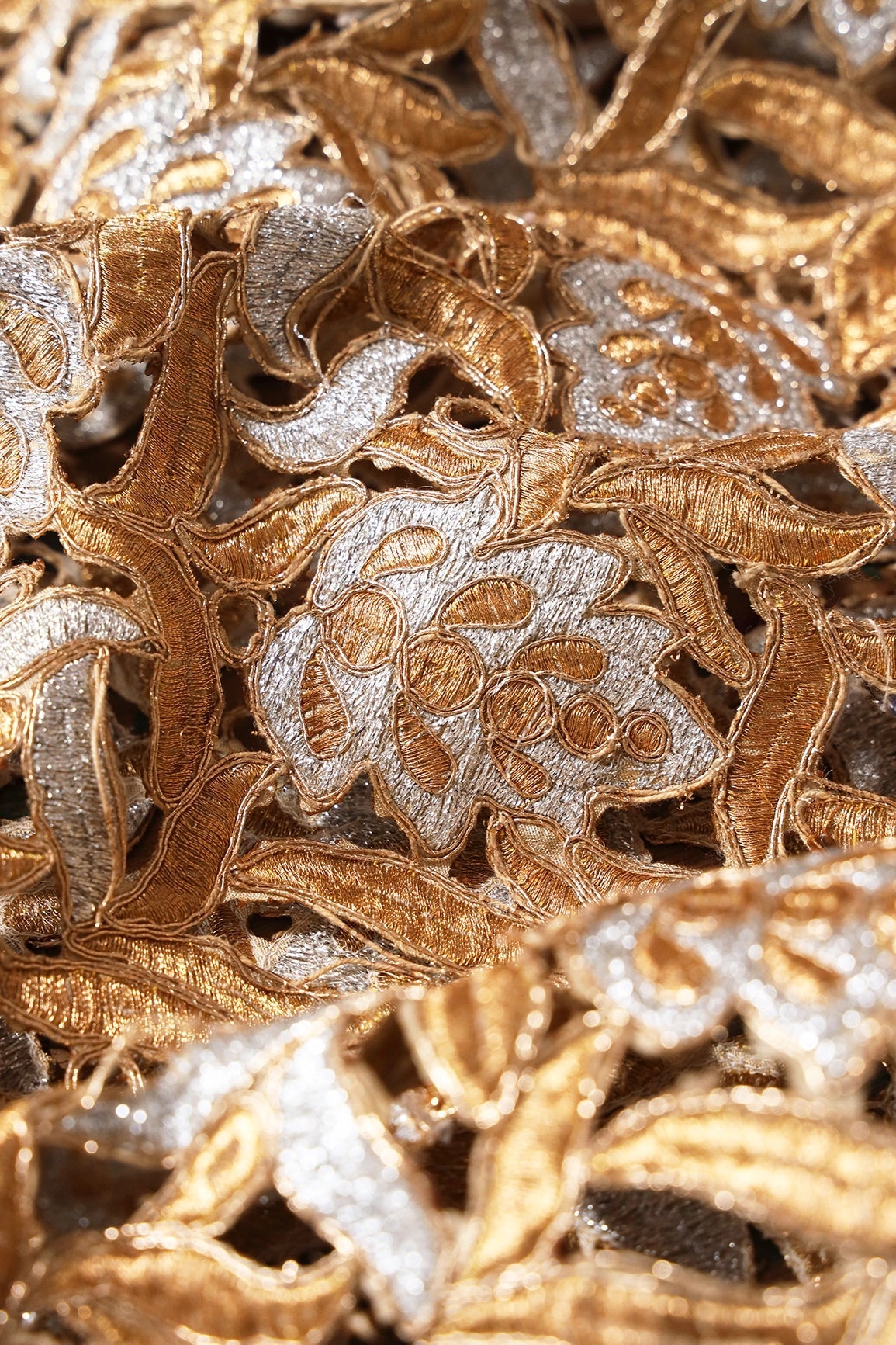 Gold And Silver Zari Floral Embroidery Cut Work Fabric - doeraa