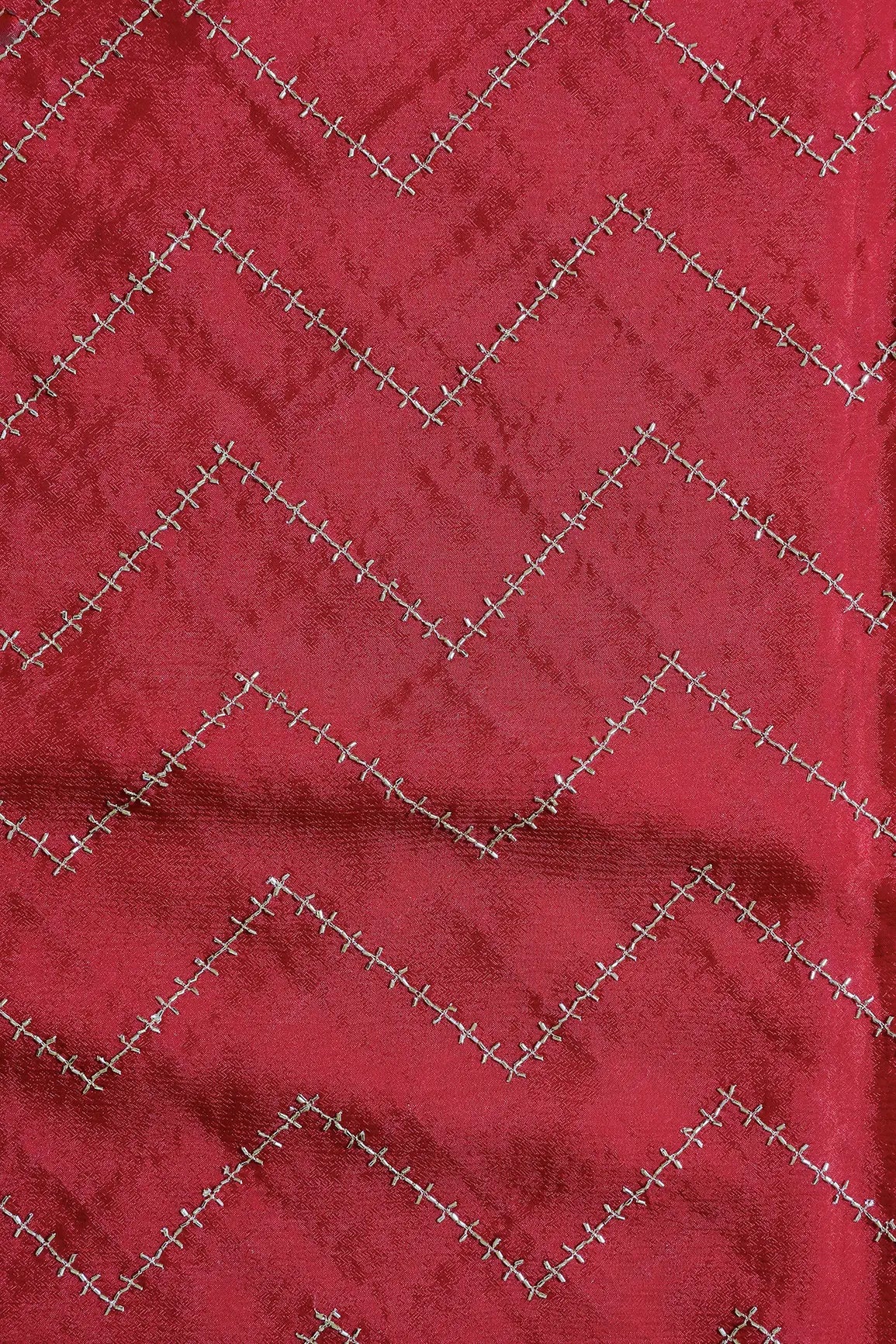 Gold Beads Cut Dana Chevron Embroidery Work On Red Chinnon Chiffon Fabric - doeraa