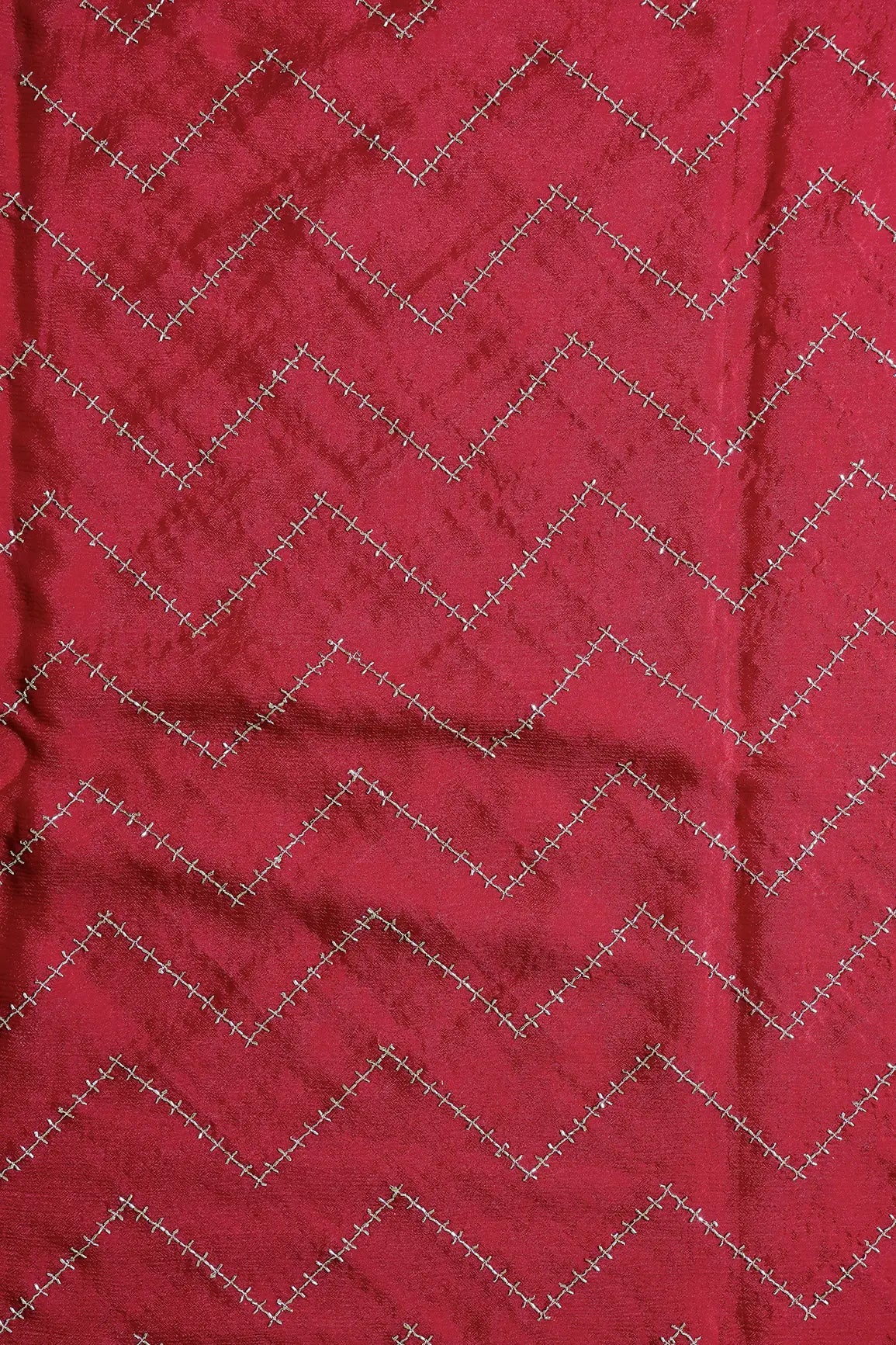 Gold Beads Cut Dana Chevron Embroidery Work On Red Chinnon Chiffon Fabric - doeraa