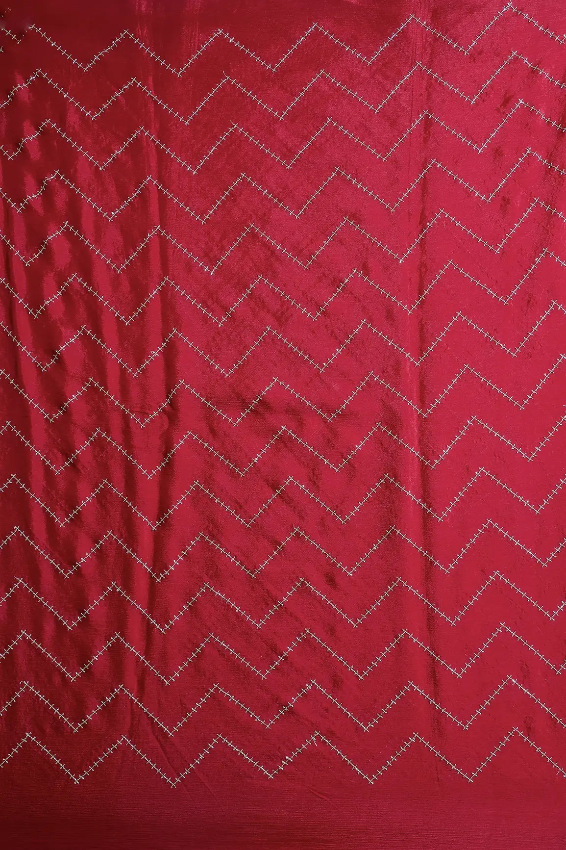 Gold Beads Cut Dana Chevron Embroidery Work On Red Chinnon Chiffon Fabric - doeraa