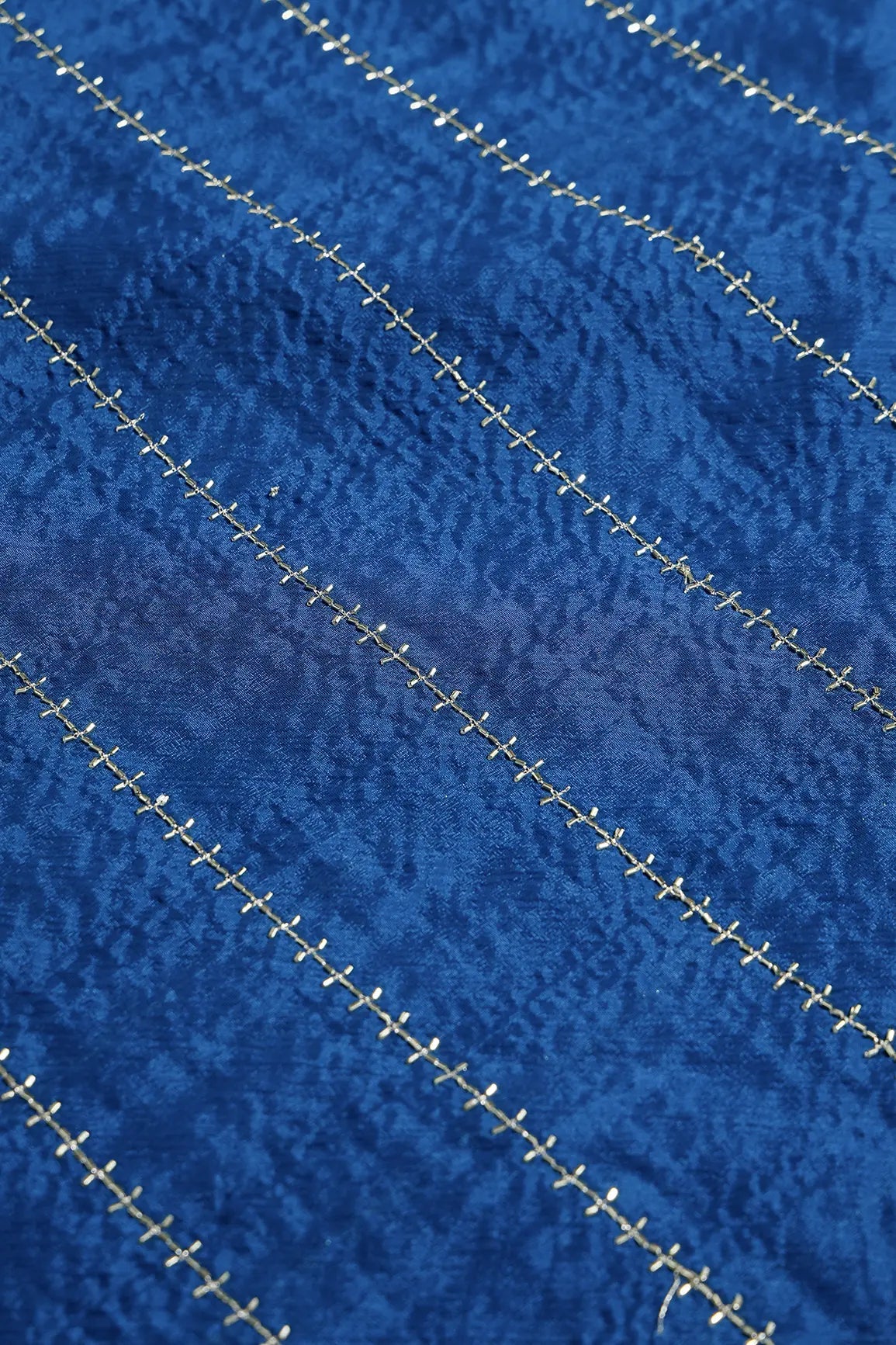 Gold Beads Cut Dana Stripes Embroidery Work On Prussian Blue Chinnon Chiffon Fabric - doeraa