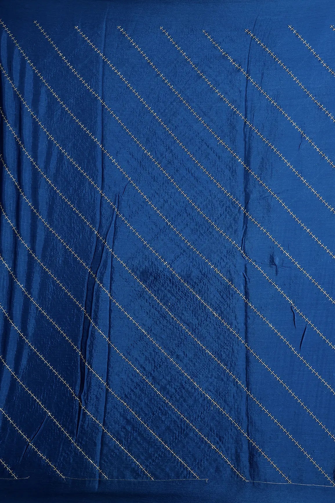 Gold Beads Cut Dana Stripes Embroidery Work On Prussian Blue Chinnon Chiffon Fabric - doeraa