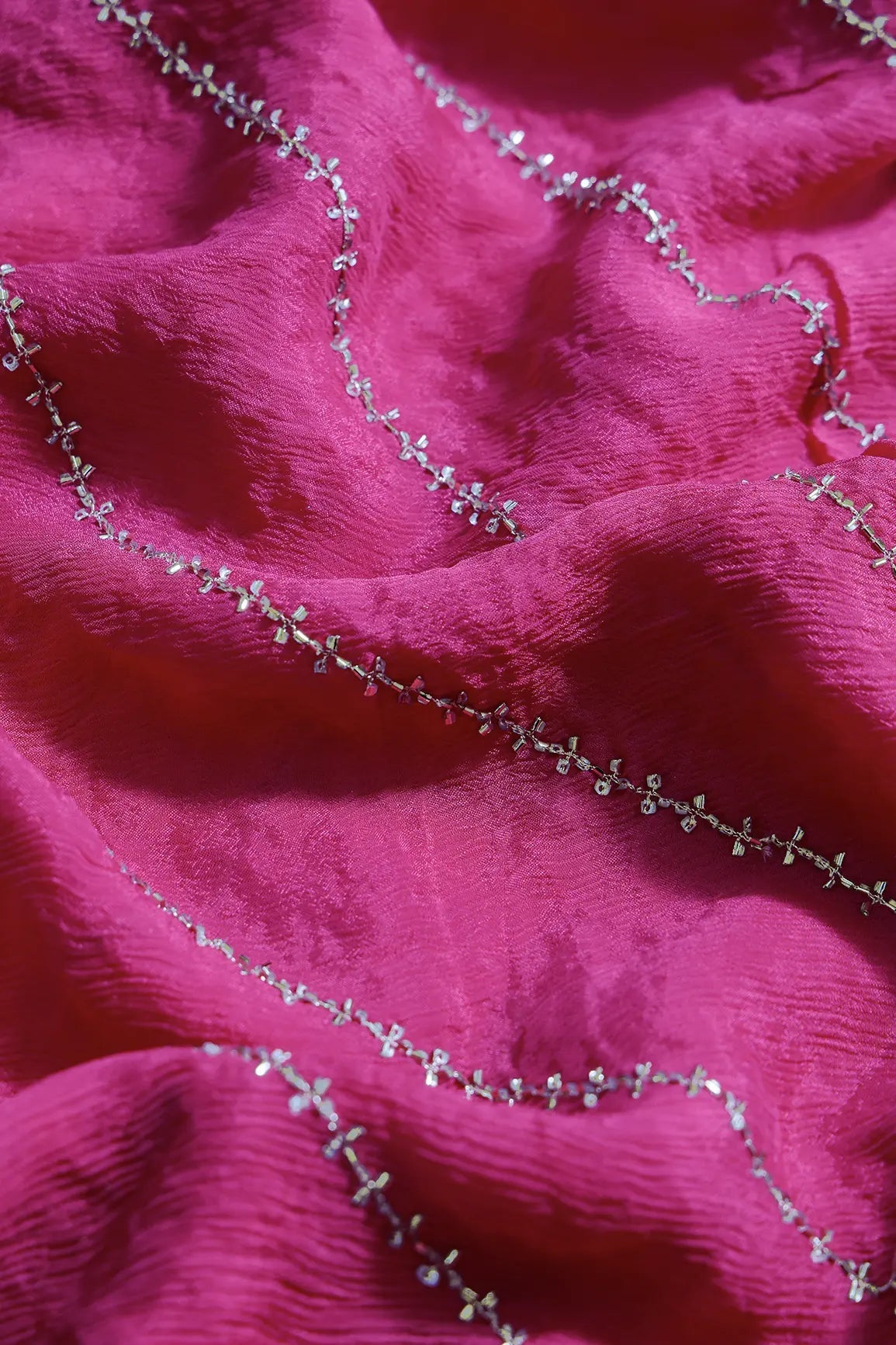 Gold Beads Cut Dana Stripes Embroidery Work On Rani Chinnon Chiffon Fabric - doeraa