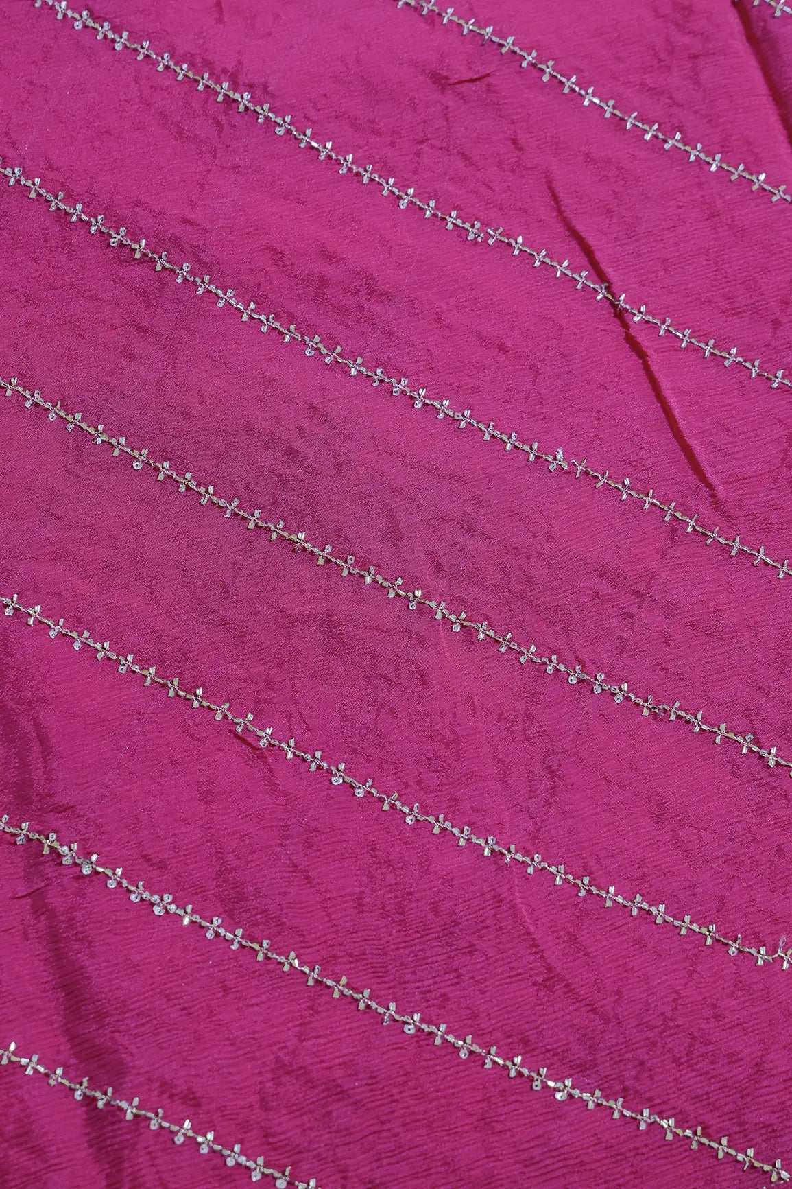 Gold Beads Cut Dana Stripes Embroidery Work On Rani Chinnon Chiffon Fabric - doeraa
