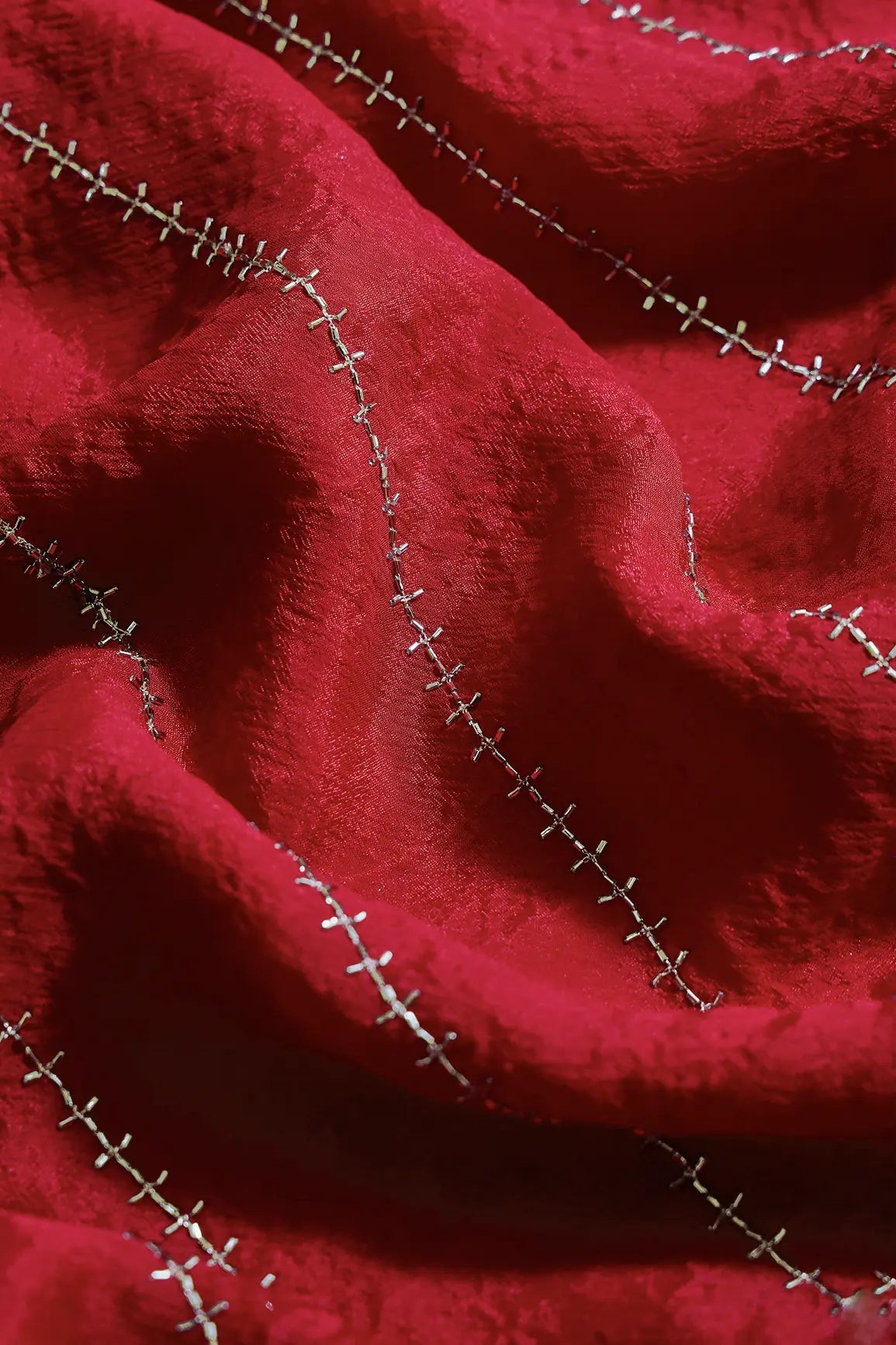 Gold Beads Cut Dana Stripes Embroidery Work On Red Chinnon Chiffon Fabric - doeraa