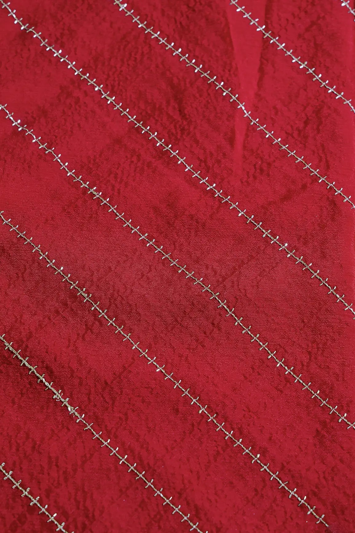 Gold Beads Cut Dana Stripes Embroidery Work On Red Chinnon Chiffon Fabric - doeraa