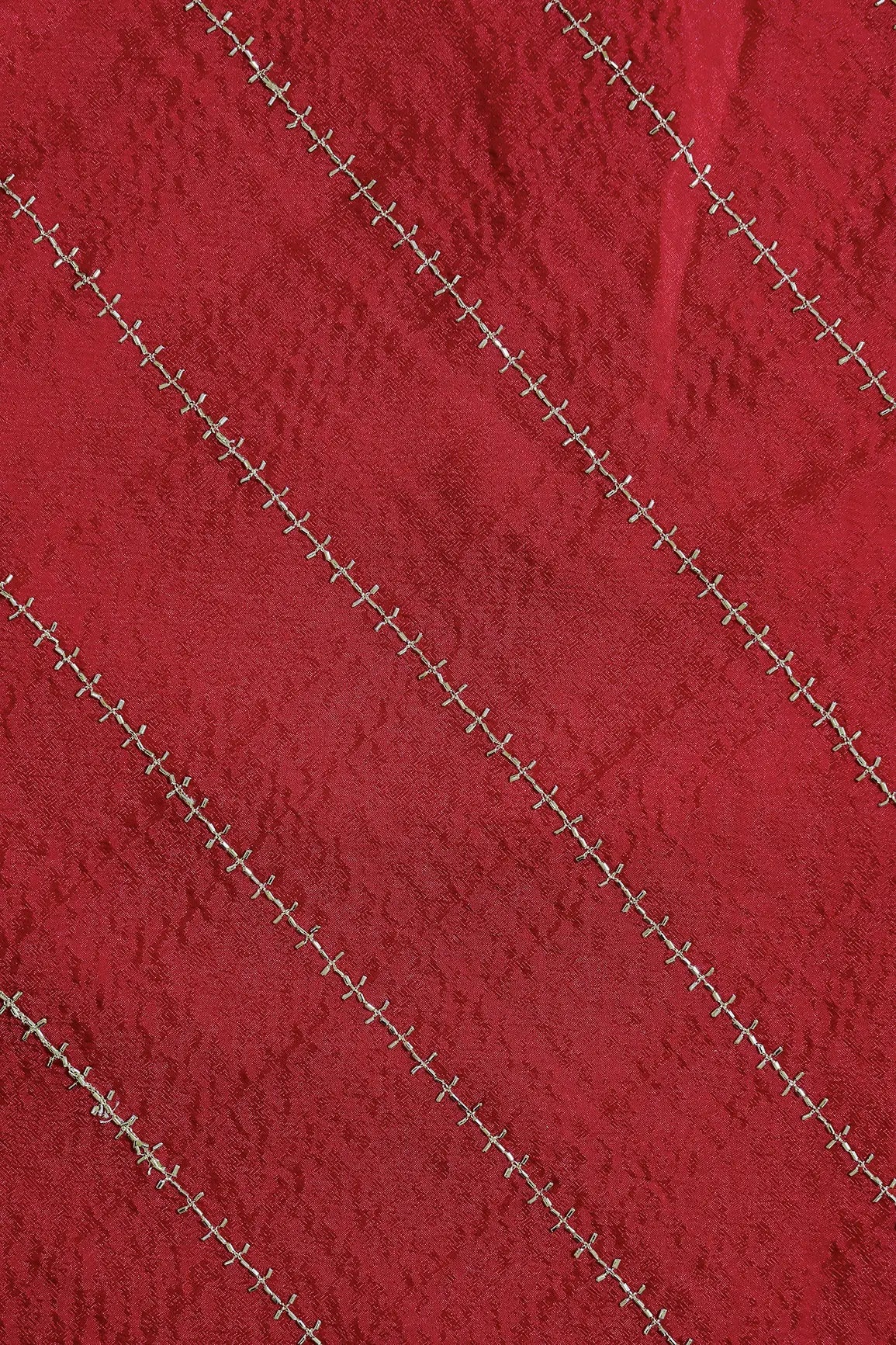 Gold Beads Cut Dana Stripes Embroidery Work On Red Chinnon Chiffon Fabric - doeraa