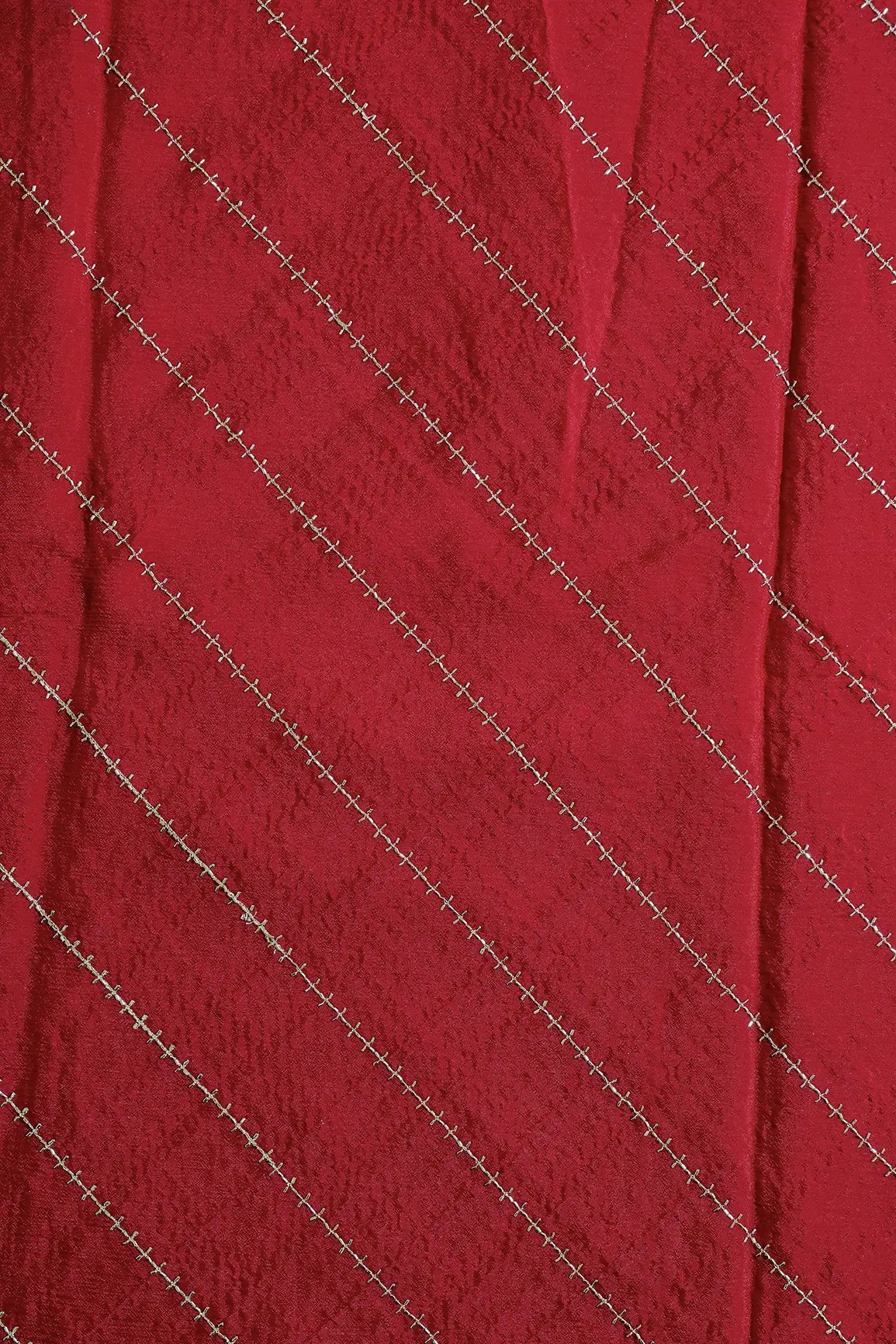 Gold Beads Cut Dana Stripes Embroidery Work On Red Chinnon Chiffon Fabric - doeraa