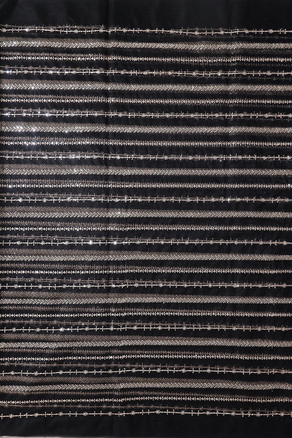 Gold Beads With Gold Sequins Beautiful Stripes Embroidery Work On Black Soft Net Fabric - doeraa