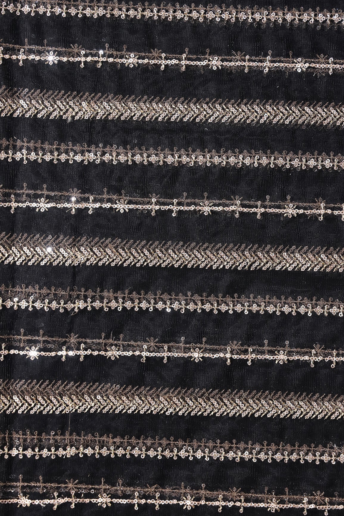 Gold Beads With Gold Sequins Beautiful Stripes Embroidery Work On Black Soft Net Fabric - doeraa