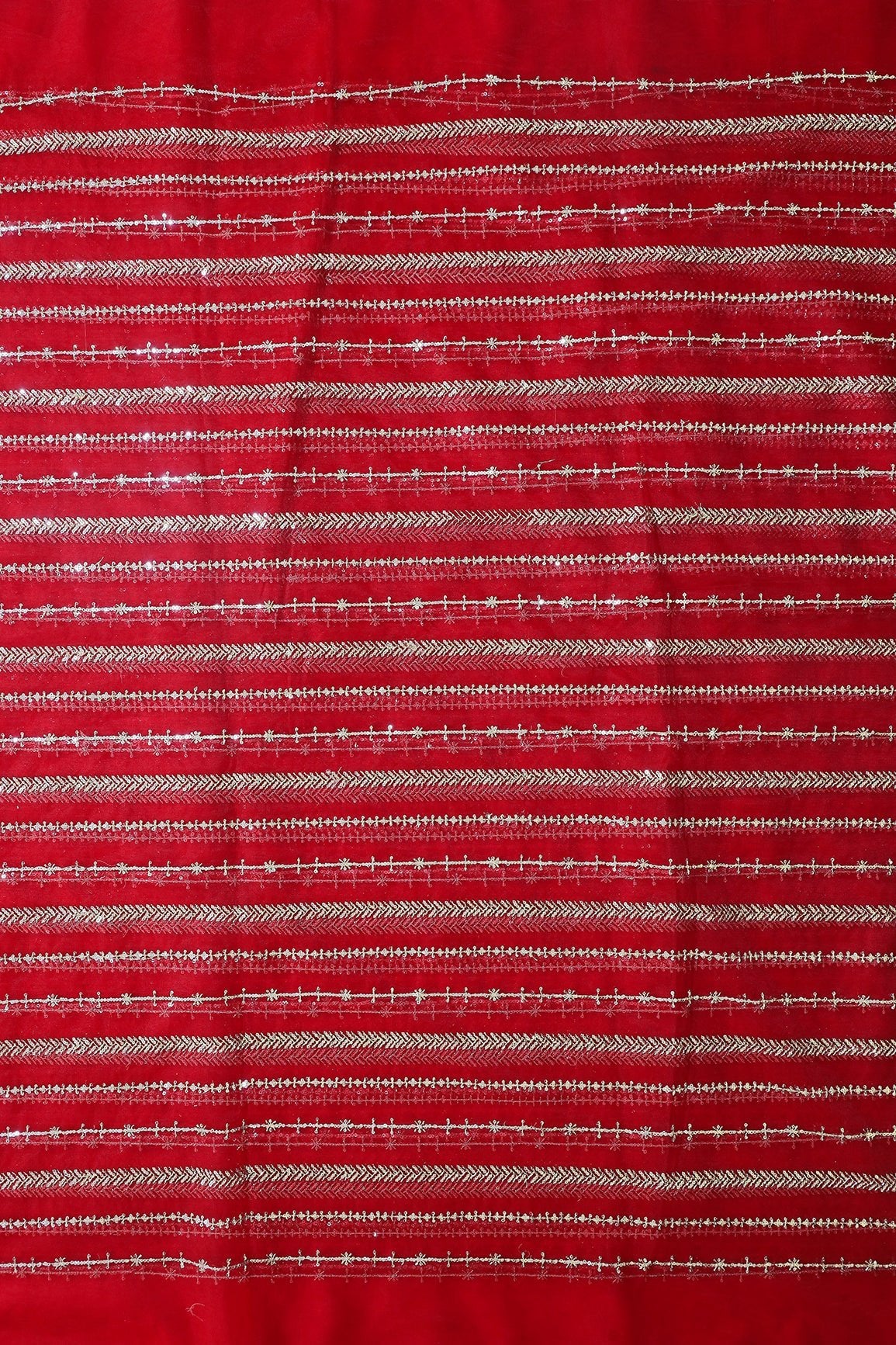 Gold Beads With Gold Sequins Beautiful Stripes Embroidery Work On Bright Red Soft Net Fabric - doeraa