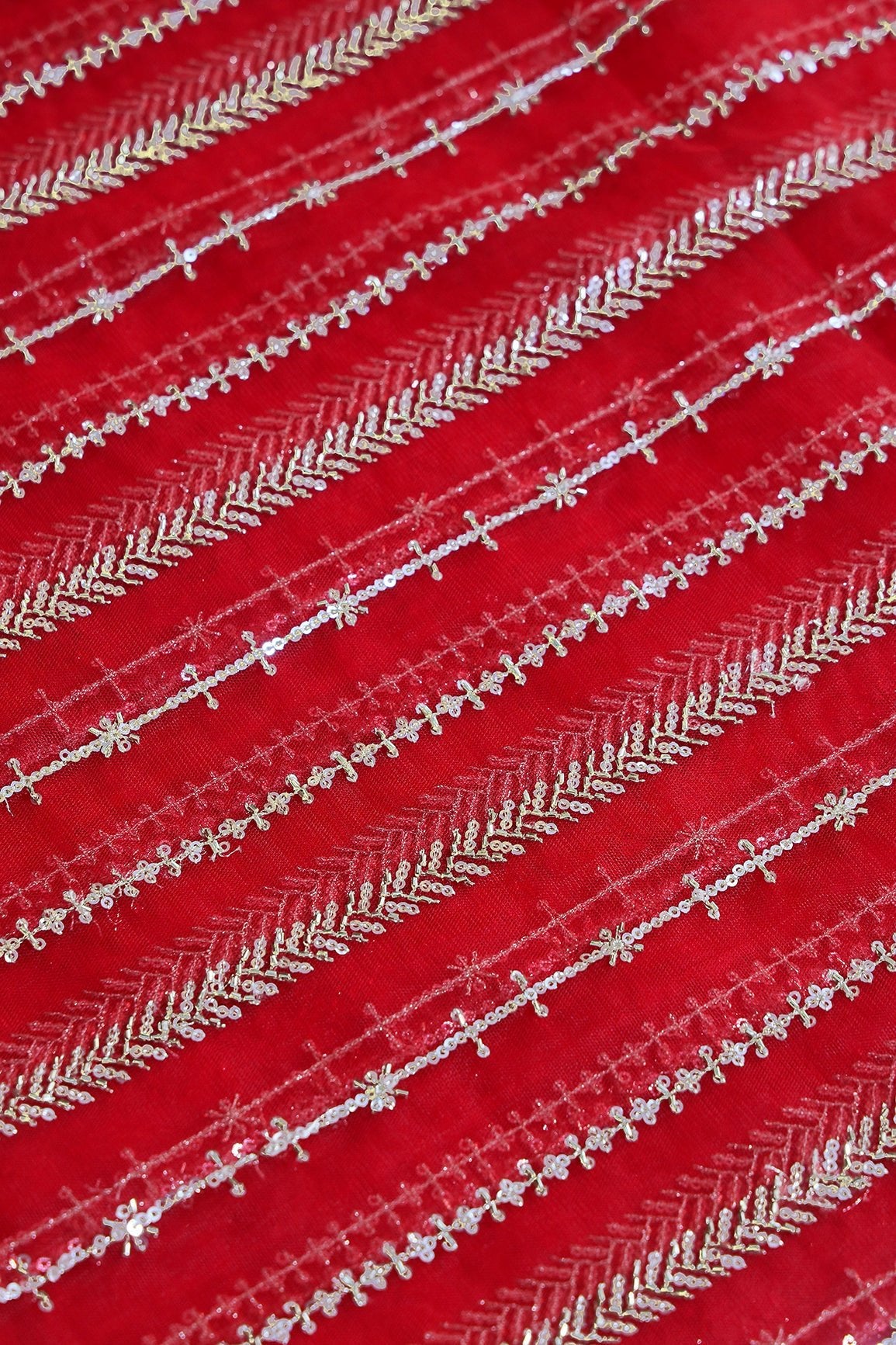 Gold Beads With Gold Sequins Beautiful Stripes Embroidery Work On Bright Red Soft Net Fabric - doeraa