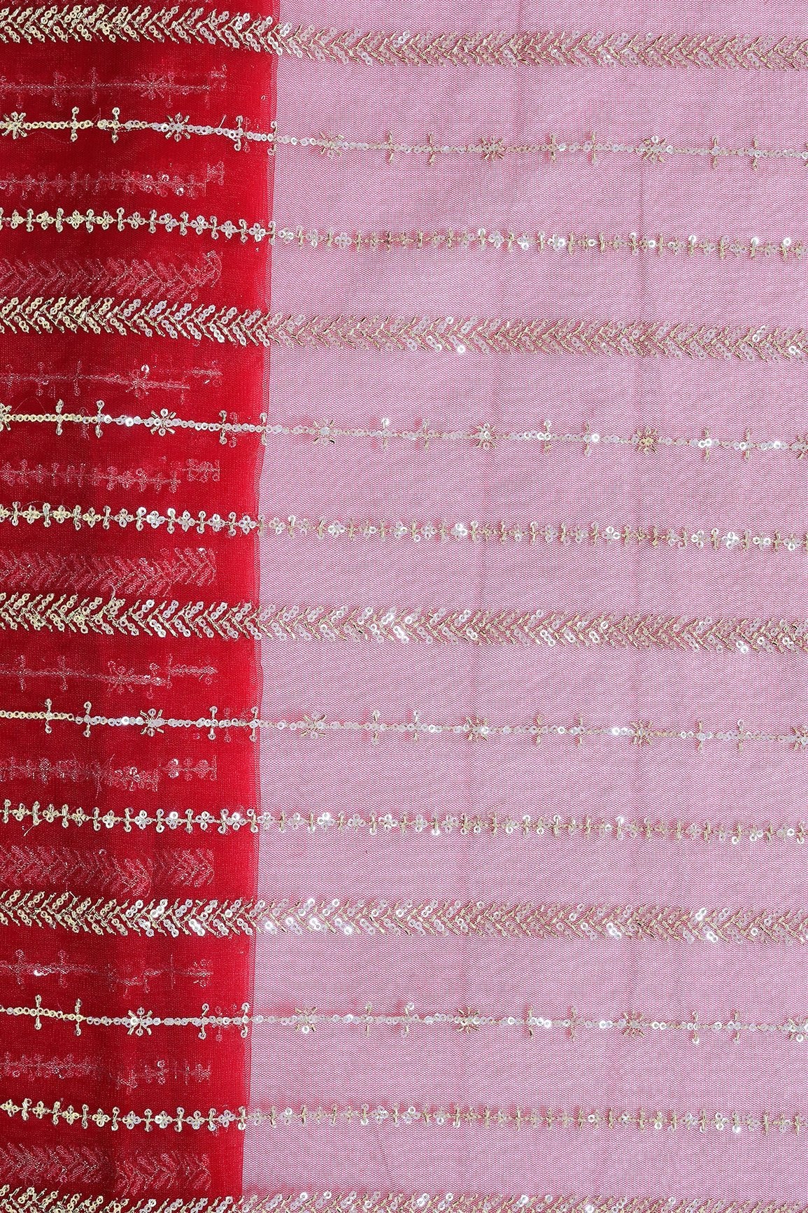 Gold Beads With Gold Sequins Beautiful Stripes Embroidery Work On Bright Red Soft Net Fabric - doeraa
