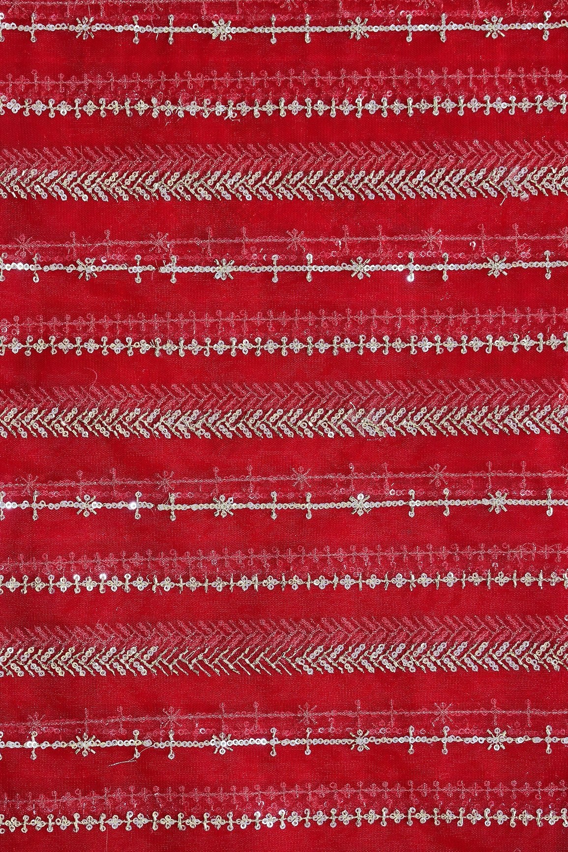 Gold Beads With Gold Sequins Beautiful Stripes Embroidery Work On Bright Red Soft Net Fabric - doeraa