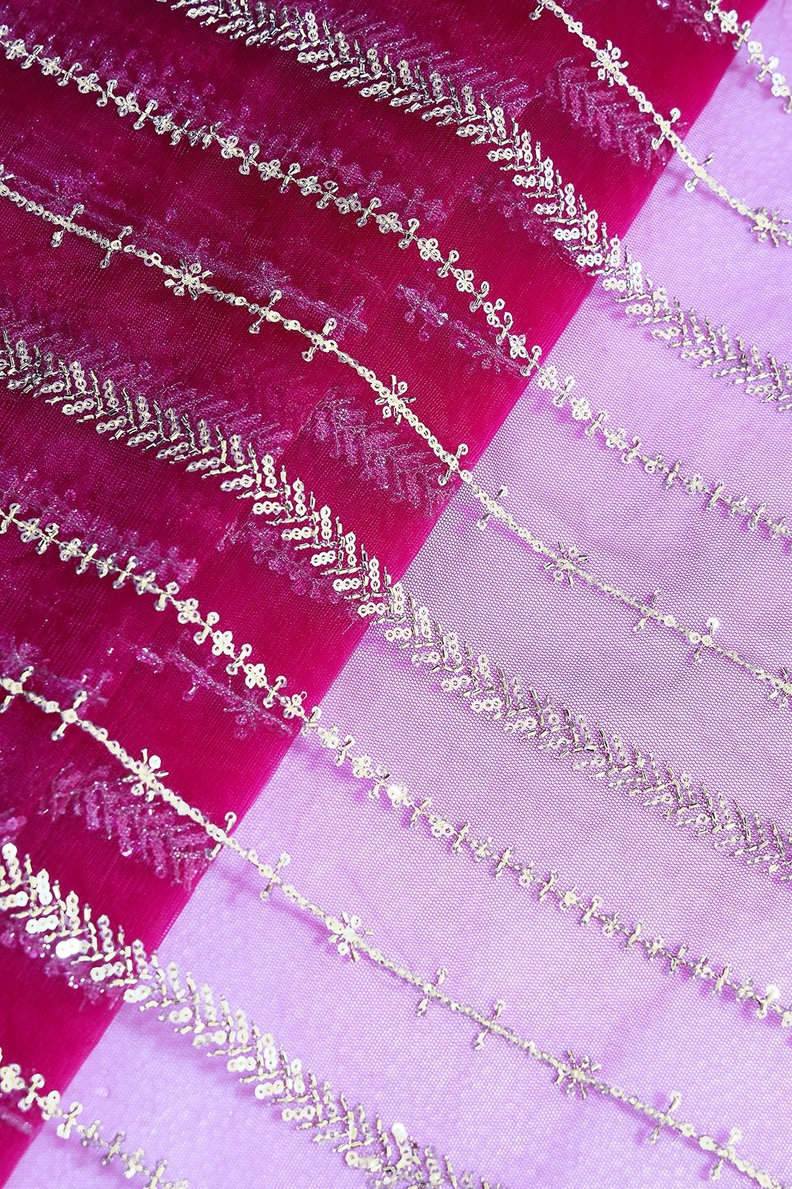 Gold Beads With Gold Sequins Beautiful Stripes Embroidery Work On Fuchsia Soft Net Fabric - doeraa