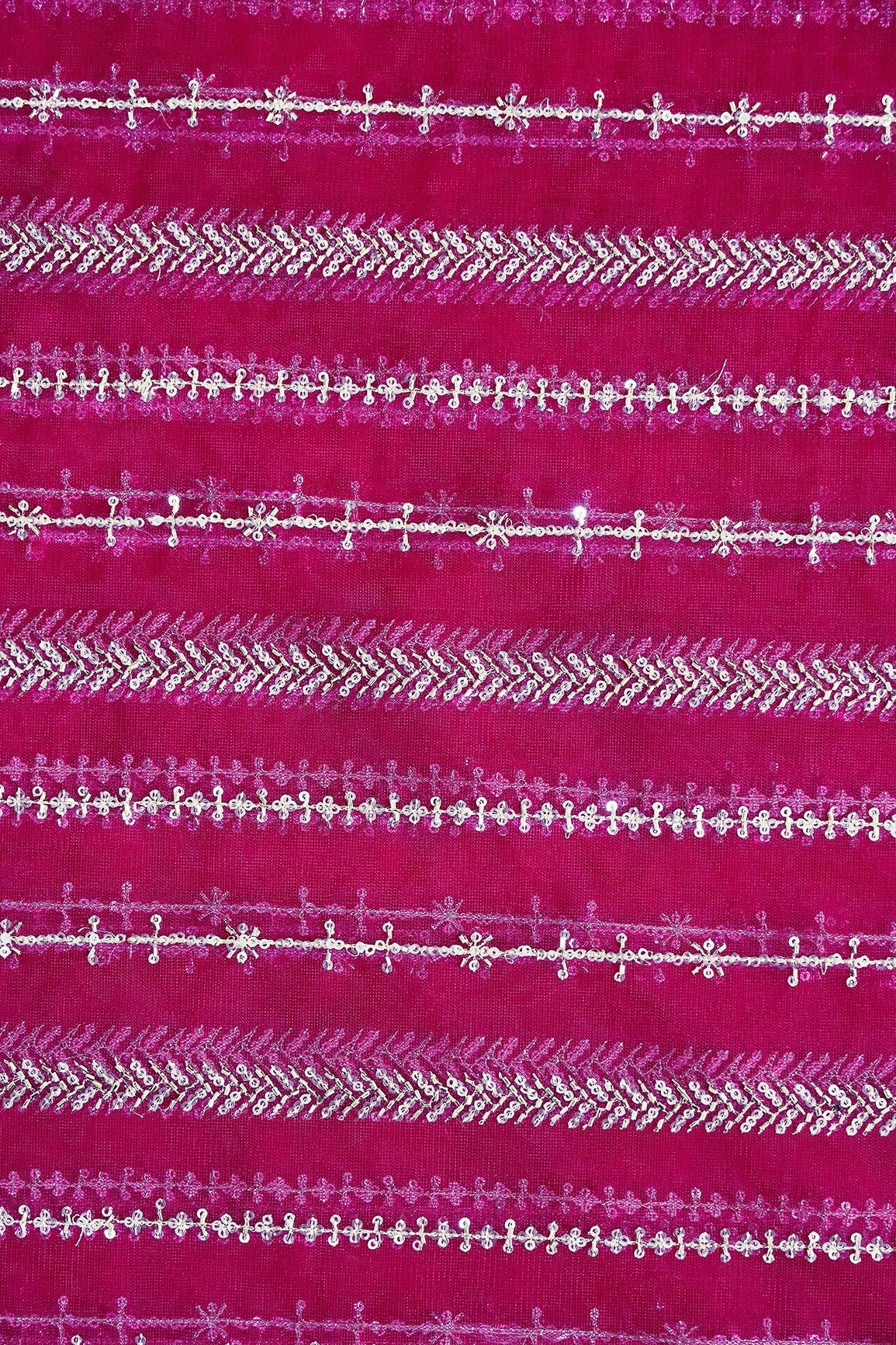 Gold Beads With Gold Sequins Beautiful Stripes Embroidery Work On Fuchsia Soft Net Fabric - doeraa