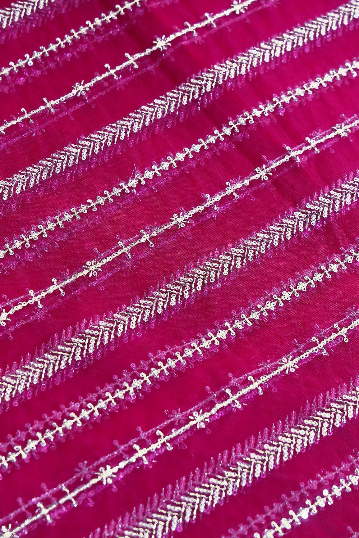 Gold Beads With Gold Sequins Beautiful Stripes Embroidery Work On Fuchsia Soft Net Fabric - doeraa