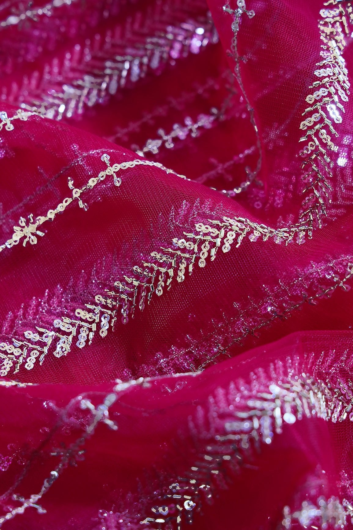 Gold Beads With Gold Sequins Beautiful Stripes Embroidery Work On Fuchsia Soft Net Fabric - doeraa